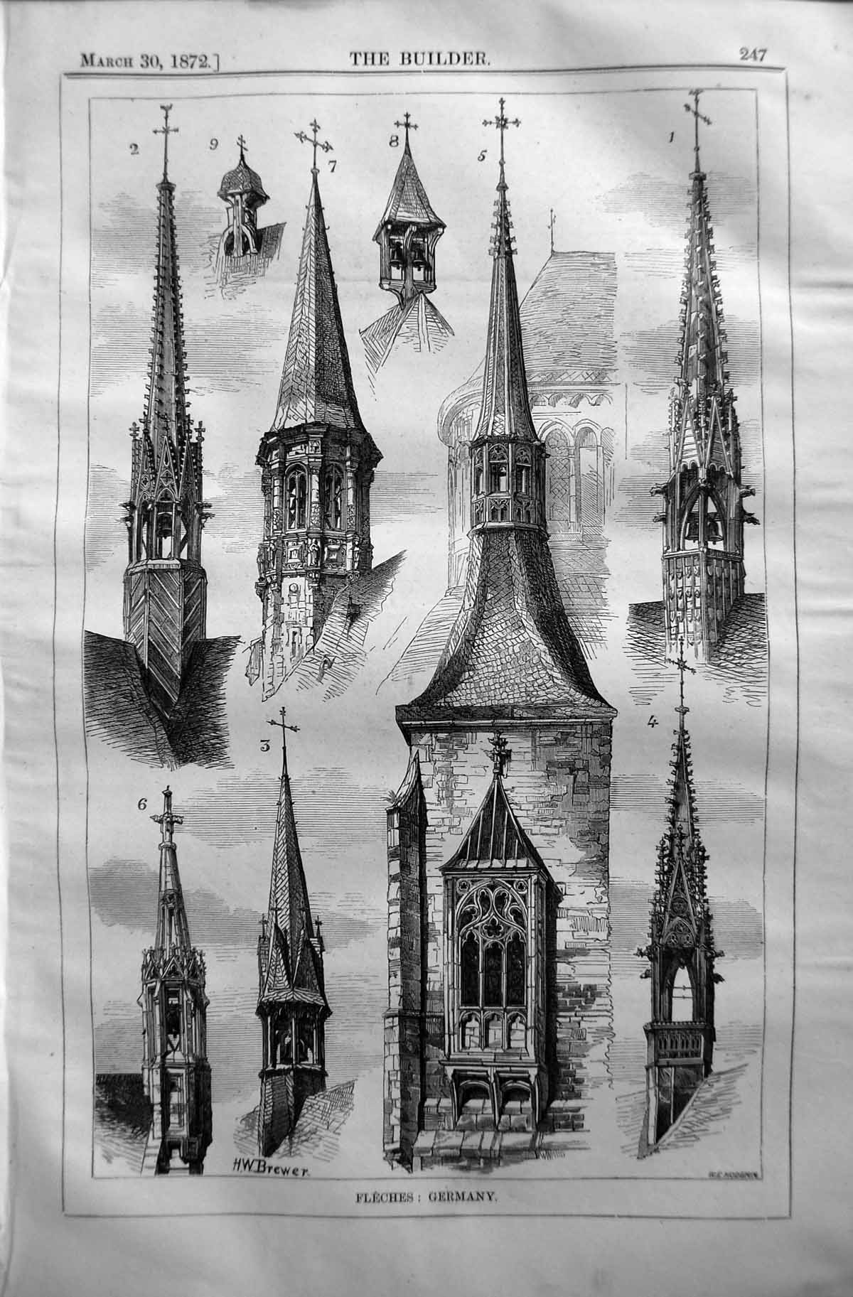 Original Old Antique Print Fleches Germany Church Brewer Hodgkin 1872 Builder