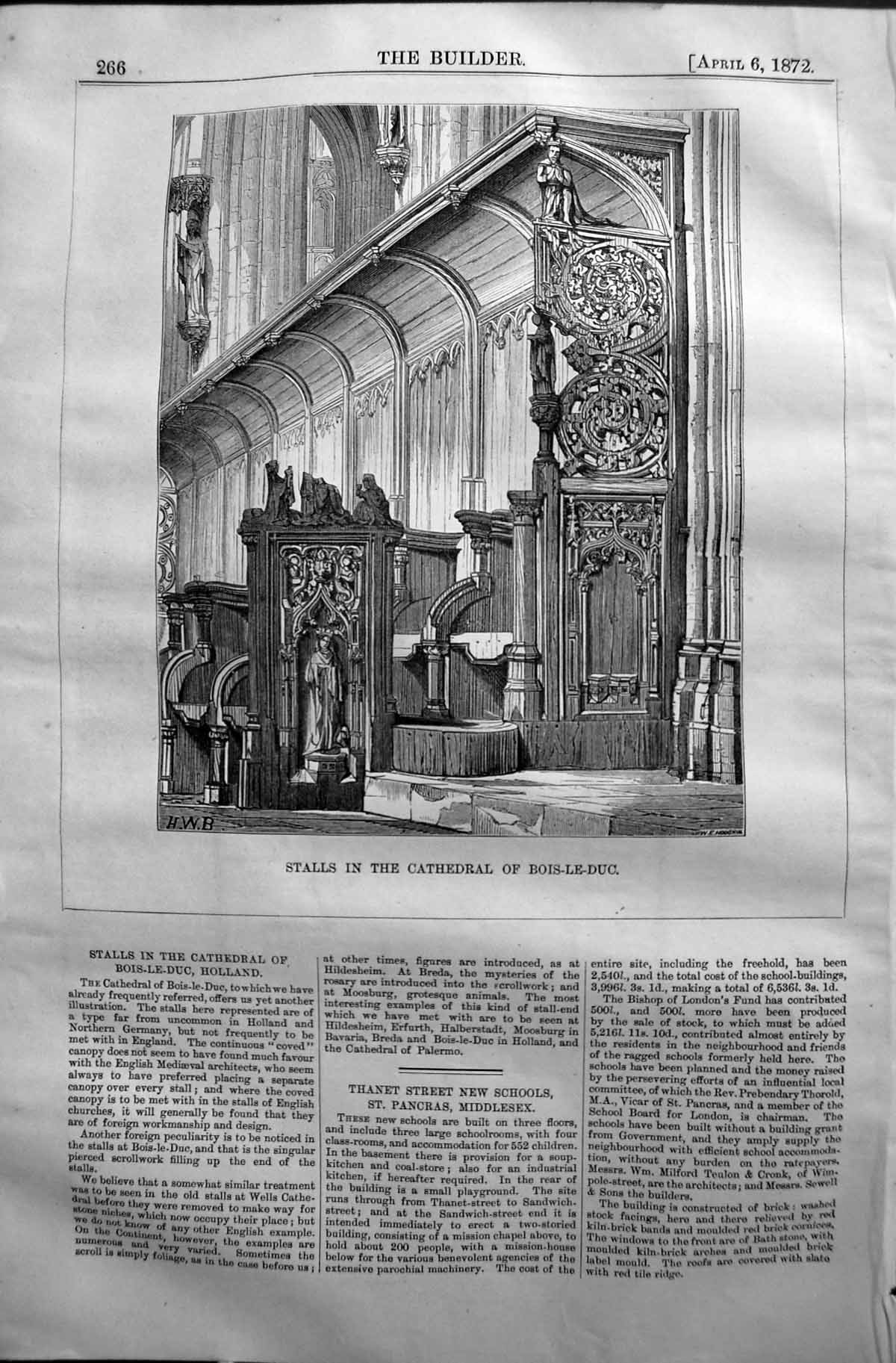 Original Old Antique Print 1872 Builder Stalls Cathedral Bois-De-Lduc Holland