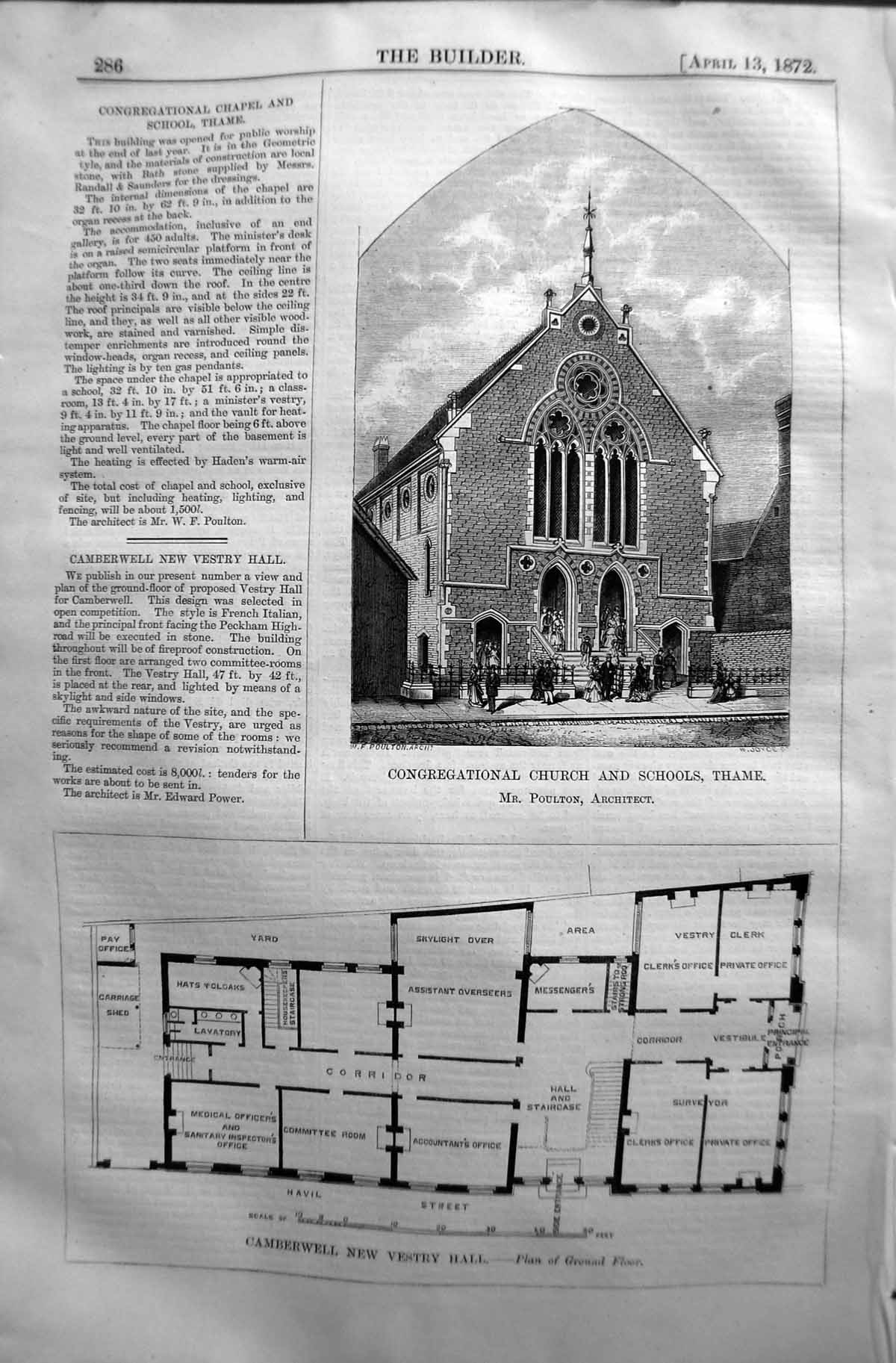 Old 1872 Builder Congregational Church Schools Thame Poulton Plan Cam Victorian