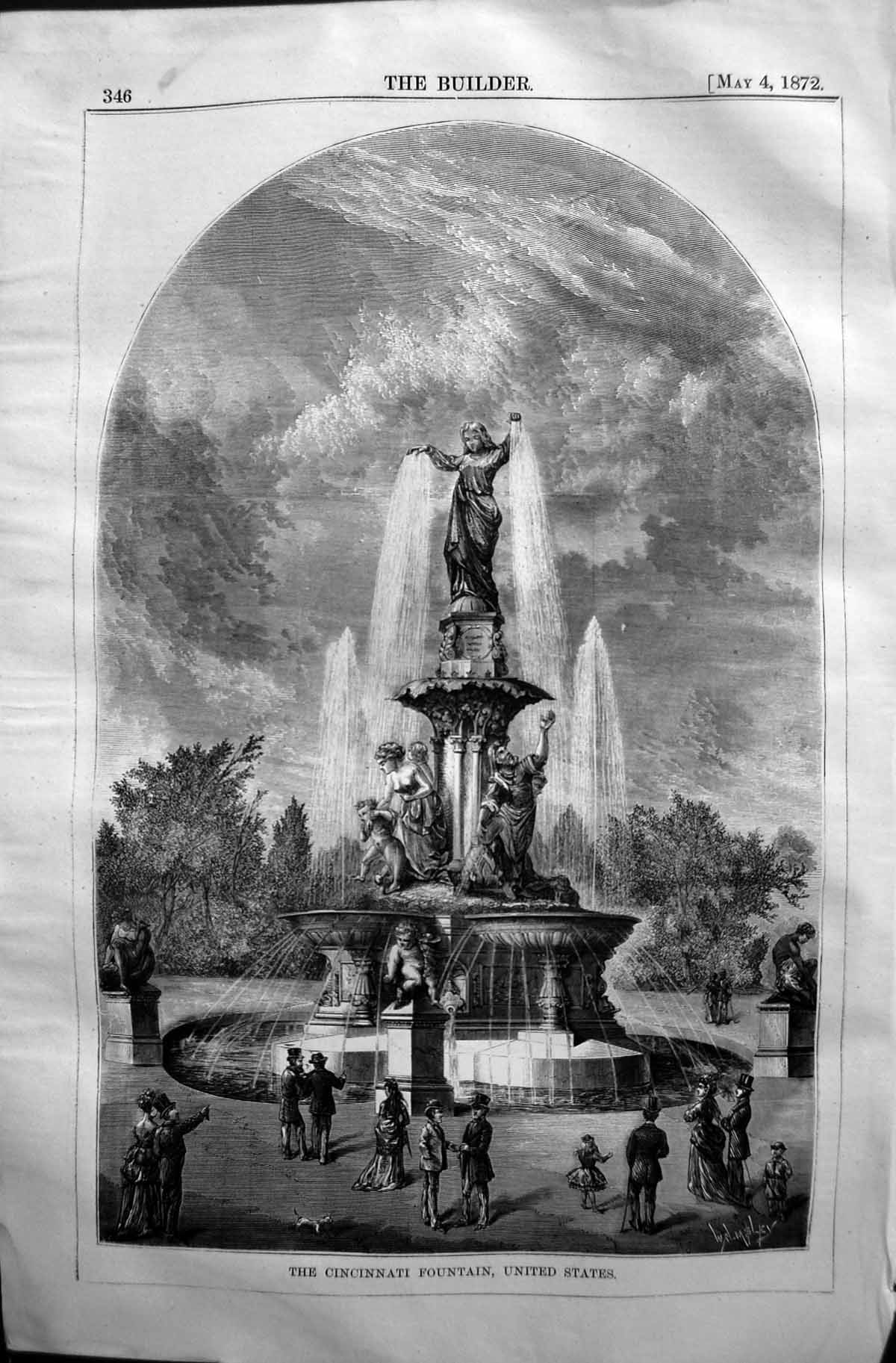 Old Antique Print 1872 Builder Cincinnati Fountain United States America 19th
