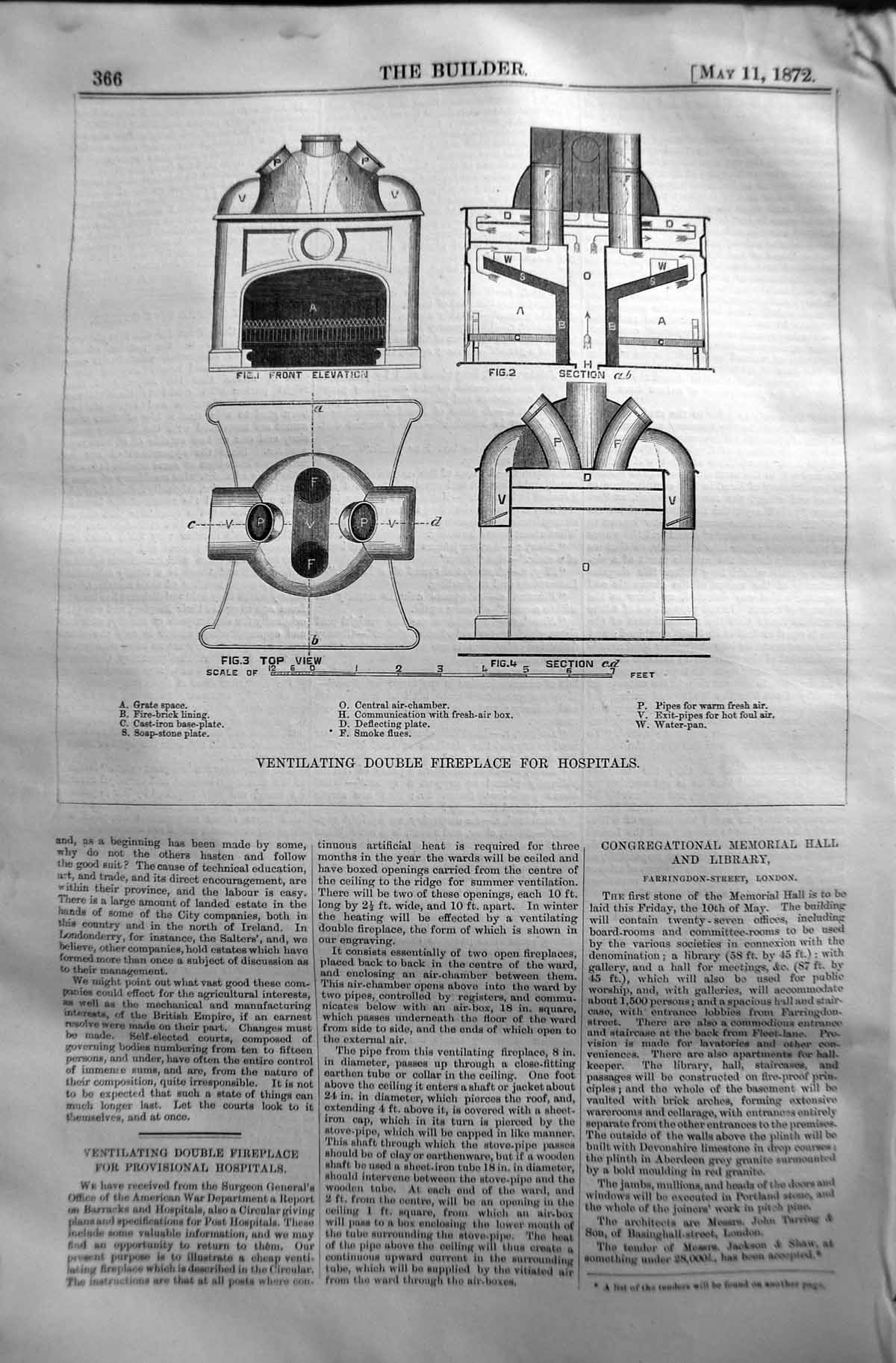 Old Print 1872 Builder Ventilating Double Fireplace Hospitals Air-Chamber 19th