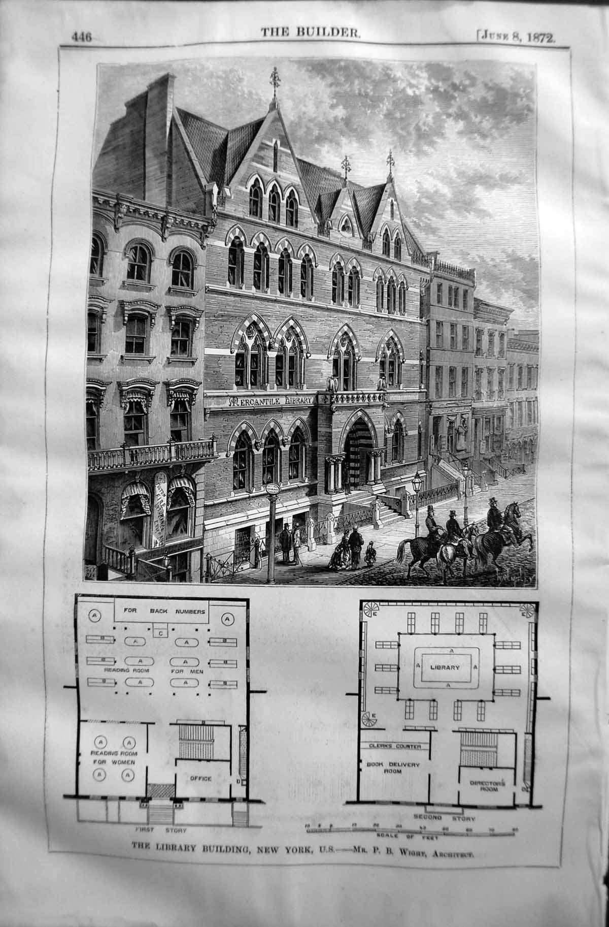 Old 1872 Builder Plan Library Building New York America Wright Archit Victorian