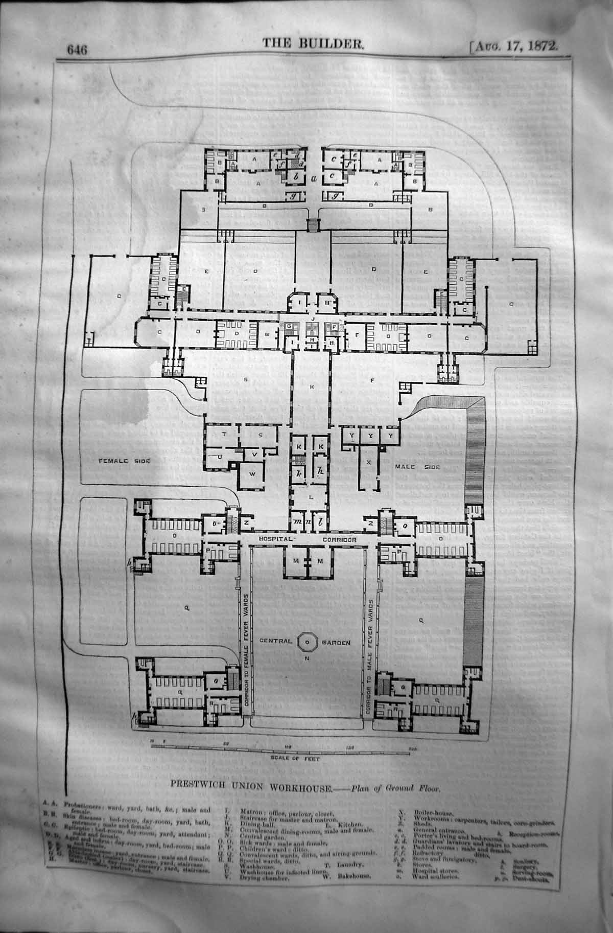 Antique Old Print 1872 Builder Prestwich Union Workhouse Ground Floor Plan 19th