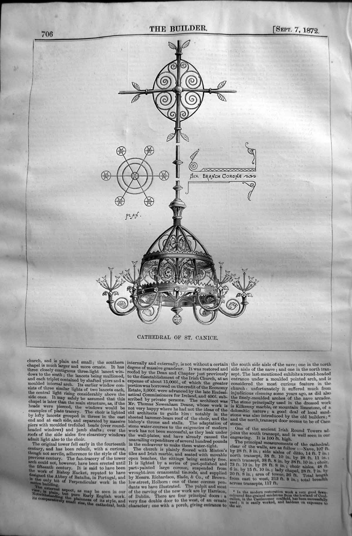 Original Old Antique Print Cathedral St. Canice Six Branch Corona 1872 Builder
