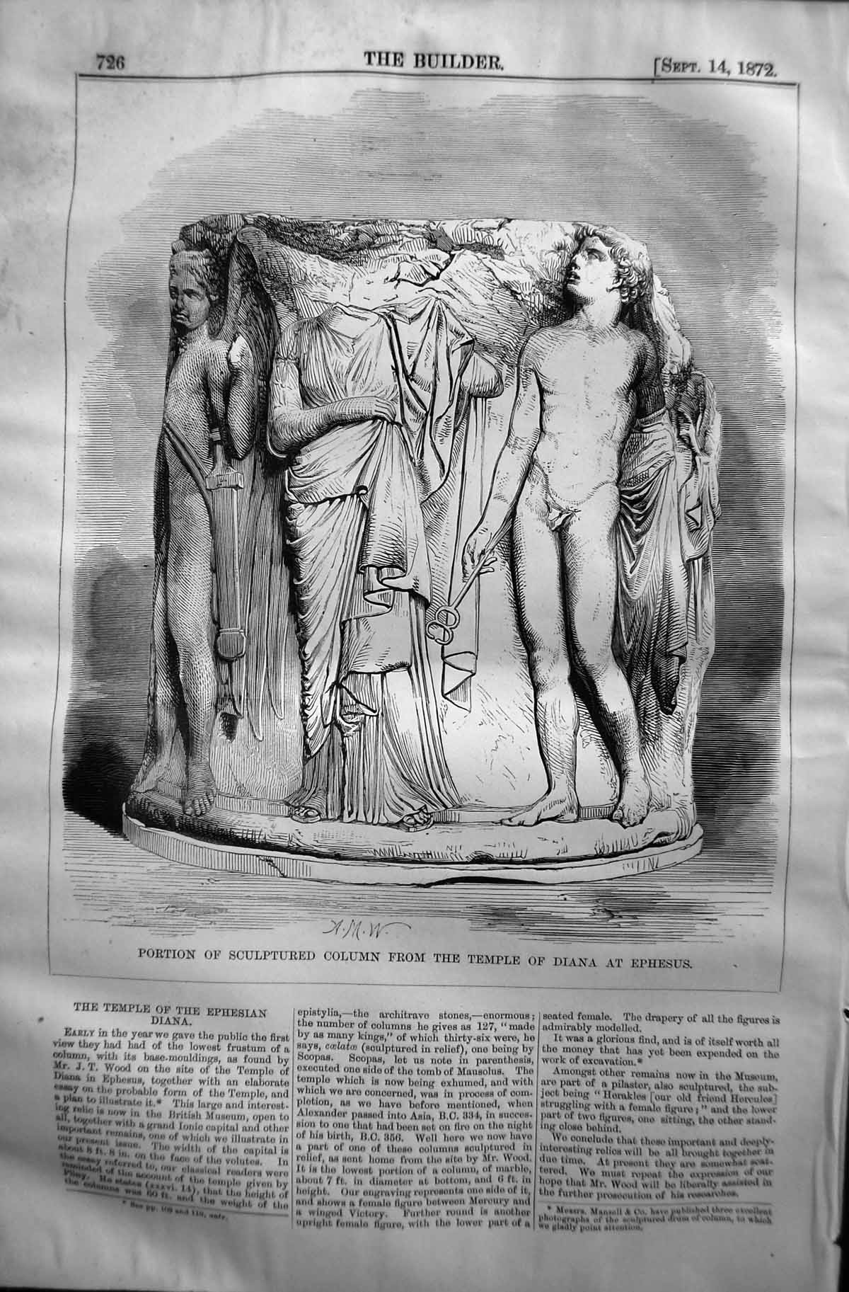 Antique Old Print Portion Sculptured Column Temple Diana Ephesus 1872 Builder