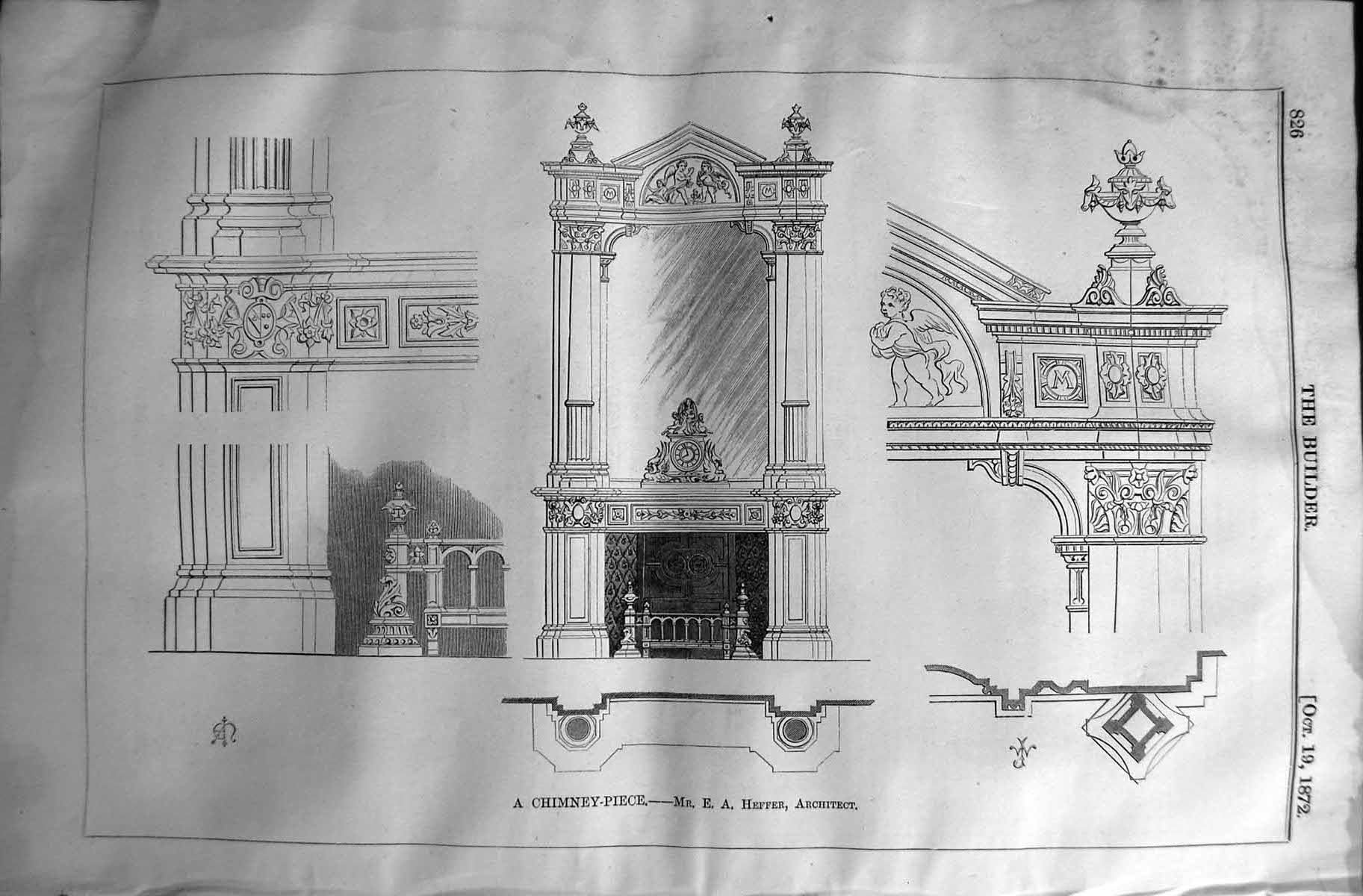 Original Old Antique Print 1872 Builder Chimney Piece Heffer Architecture 19th