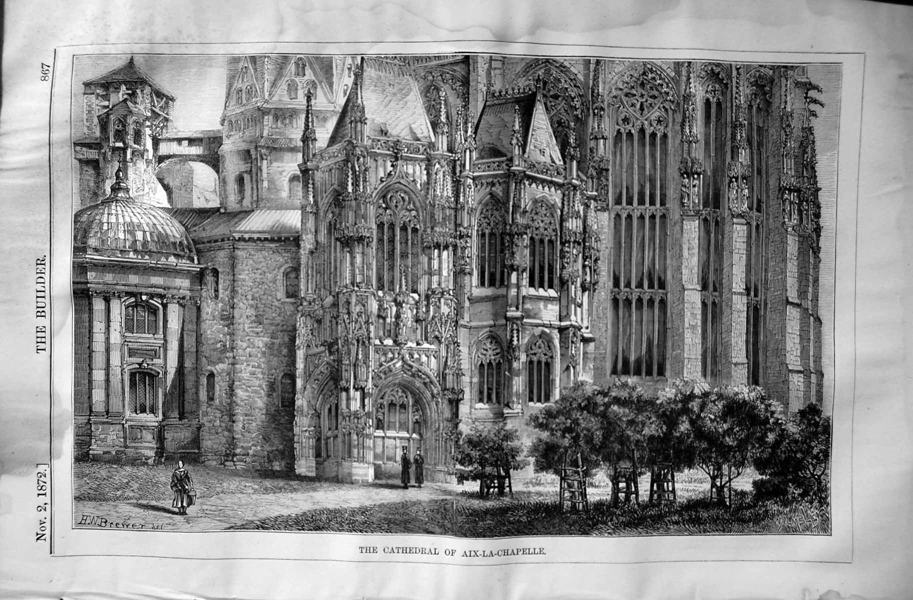 Original Old Antique Print 1872 Builder Cathedral Aix-La-Chapelle Architecture