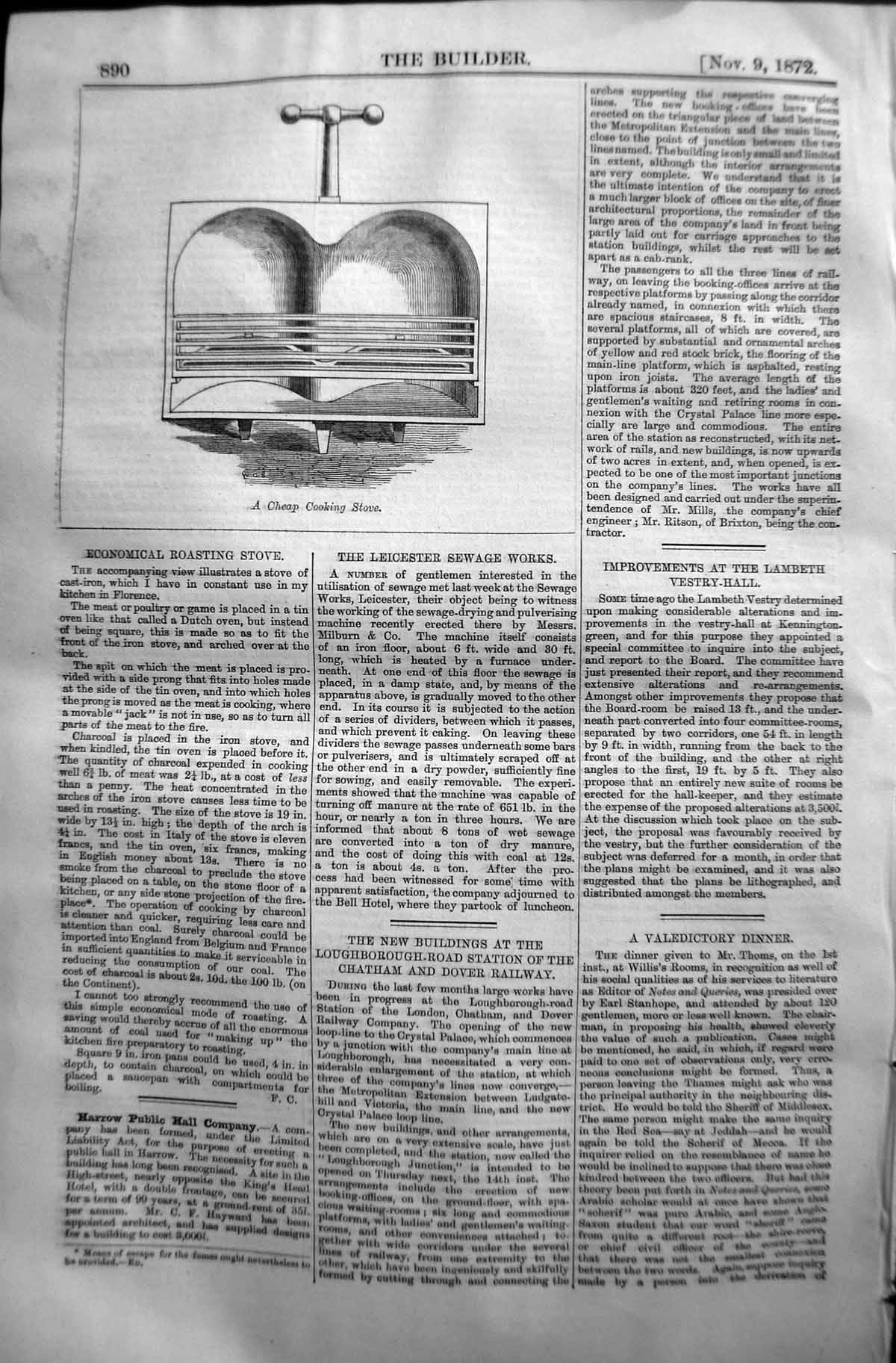 Original Old Antique Print Cheap Cooking Roasting Stove 1872 Builder Victorian