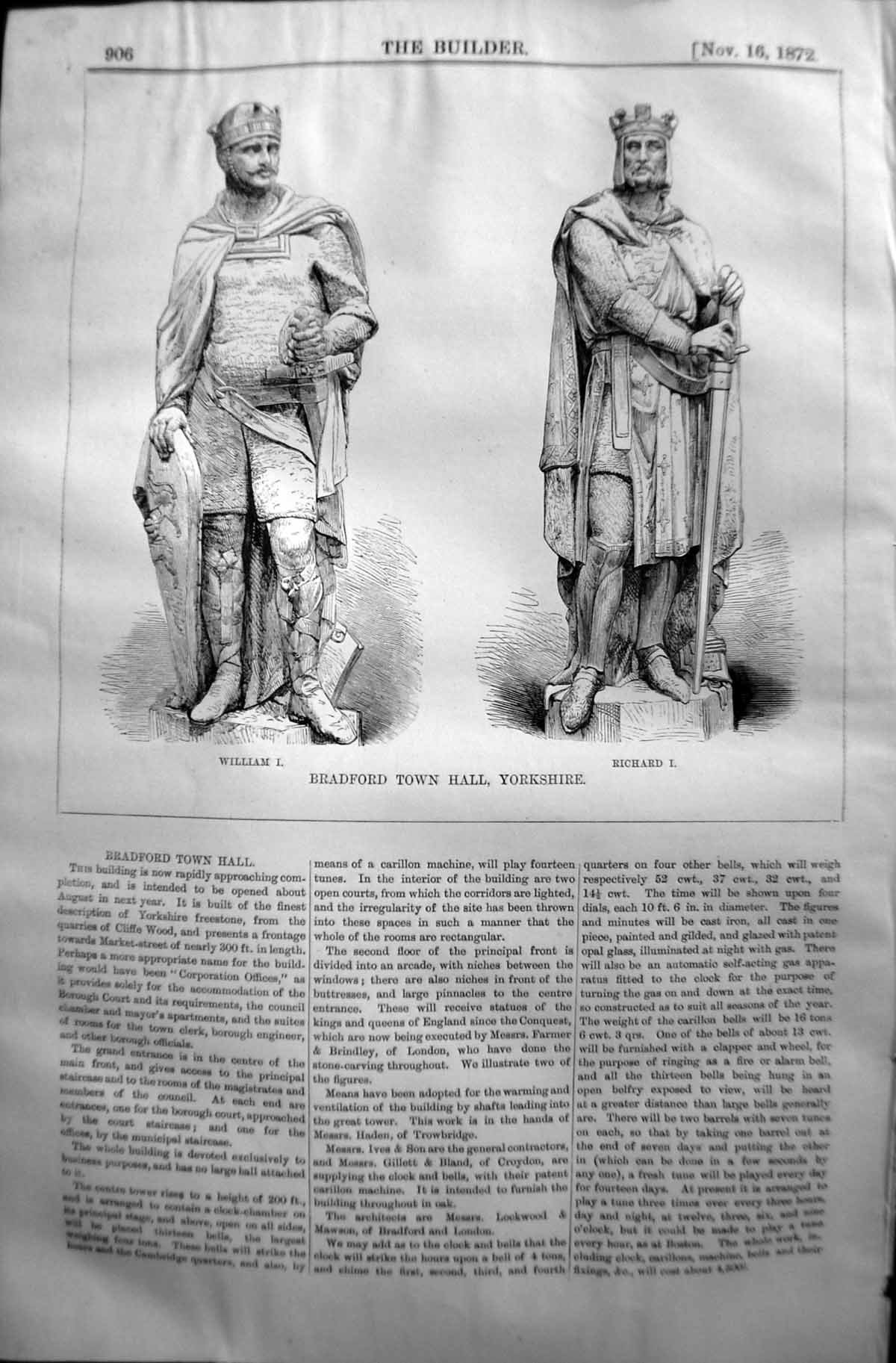 Old Bradford Town Hall Yorkshire Statue William Richard I 1872 Builde Victorian