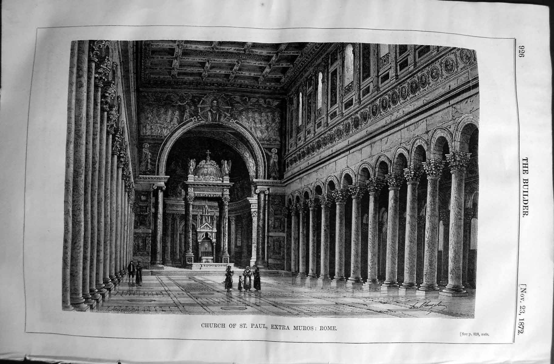 Antique Print Interior Church St. Paul Extra Muros Rome Italy 1872 Builder 19th
