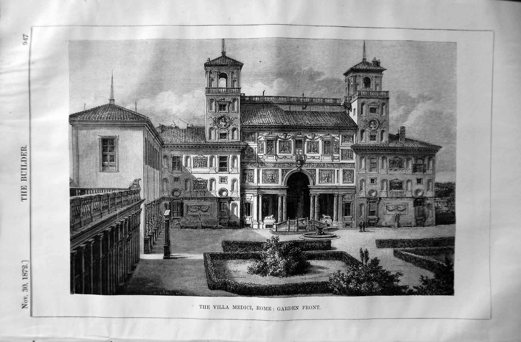 Antique Old Print 1872 Builder Villa Medici Rome Garden Front Architecture 19th