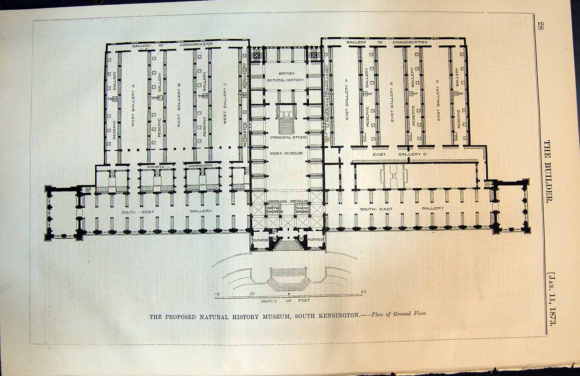 Old Print Proposed Natural Hisory Museum South Kensington Floor Plan 1873 19th