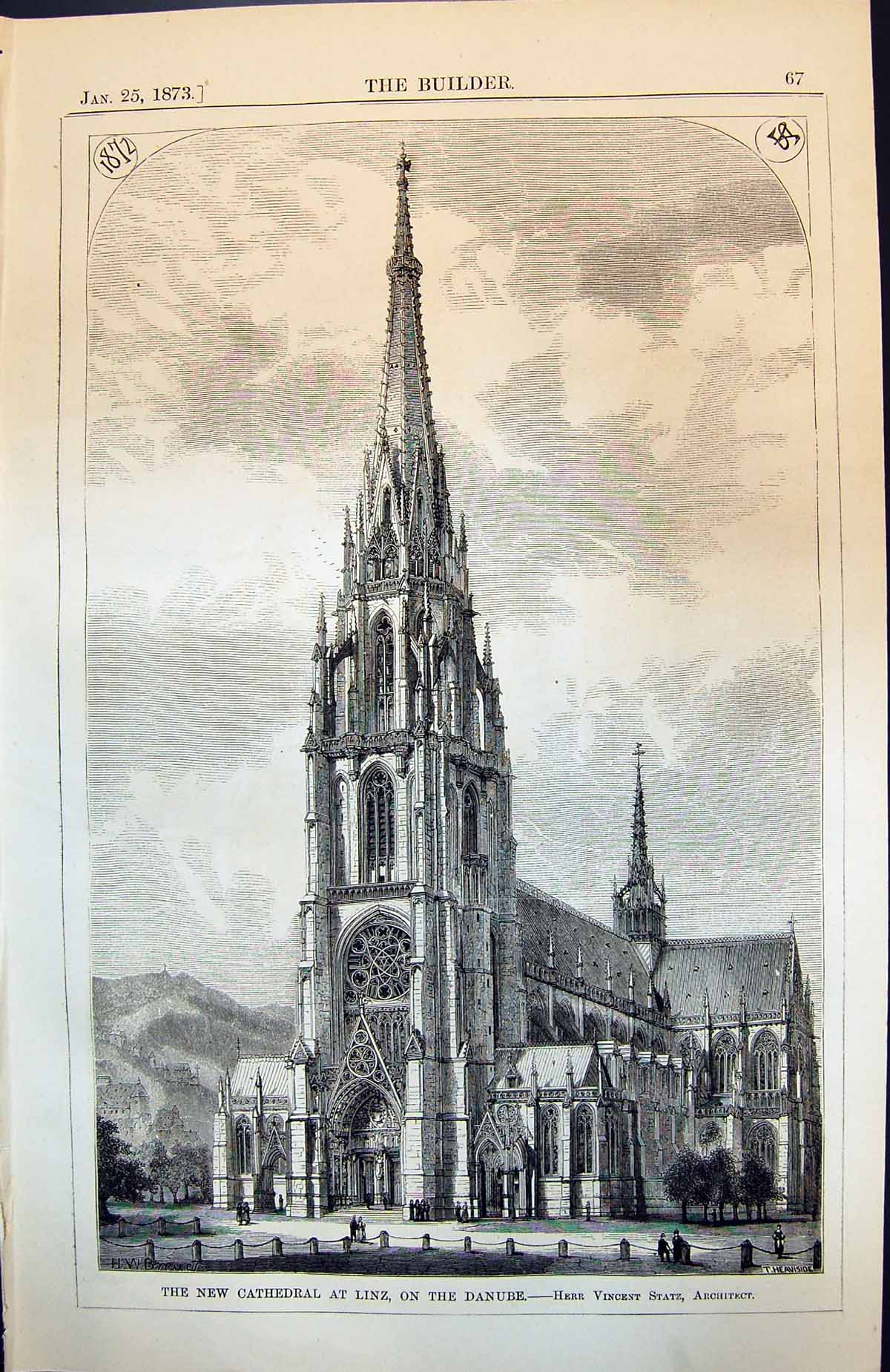 Antique Old Print New Cathedral Linz Danube Herr Vincent Statz Architect 1873