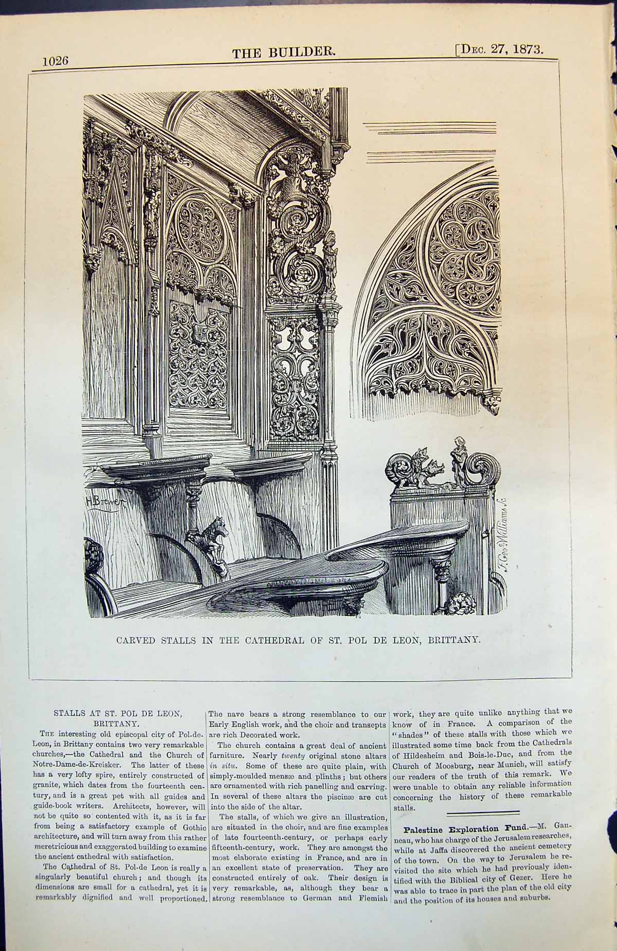 Antique Print Carved Stalls Cathedral St Pol De Leon Brittany Animals 1873