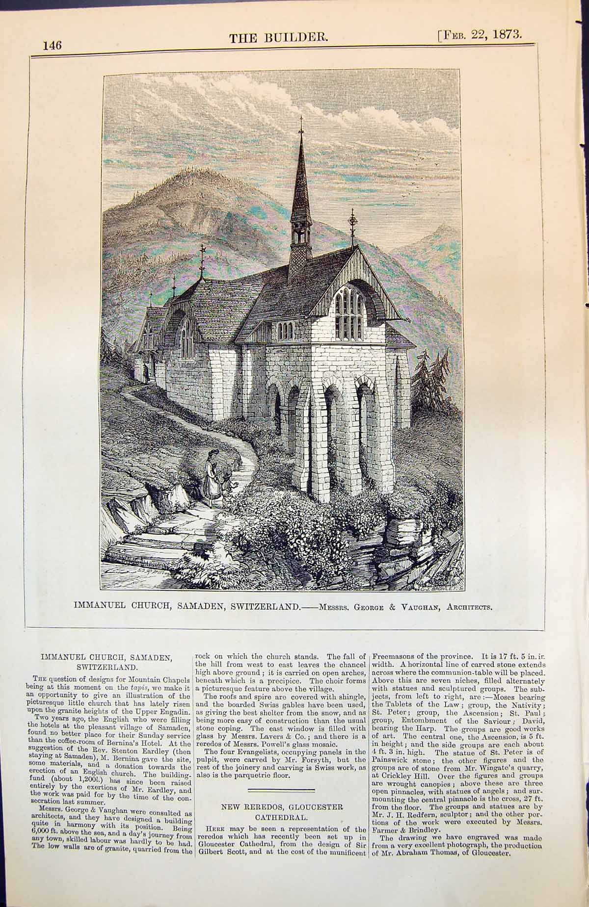 Antique Old Print Immanuel Church Samadan Switzerland George & Vaughan 1873
