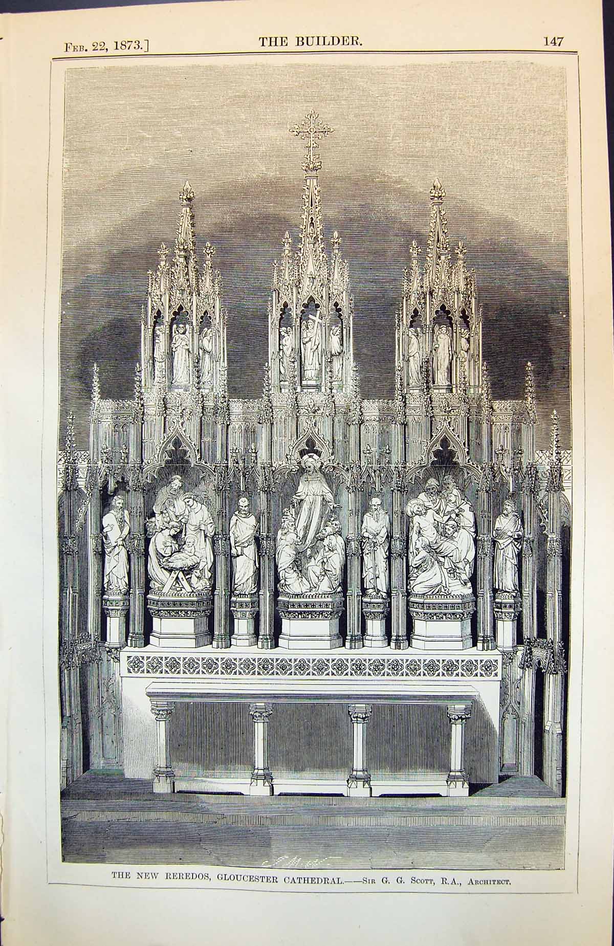 Antique Print New Reredos Gloucester Cathedral Sir G G Scott Architect 1873