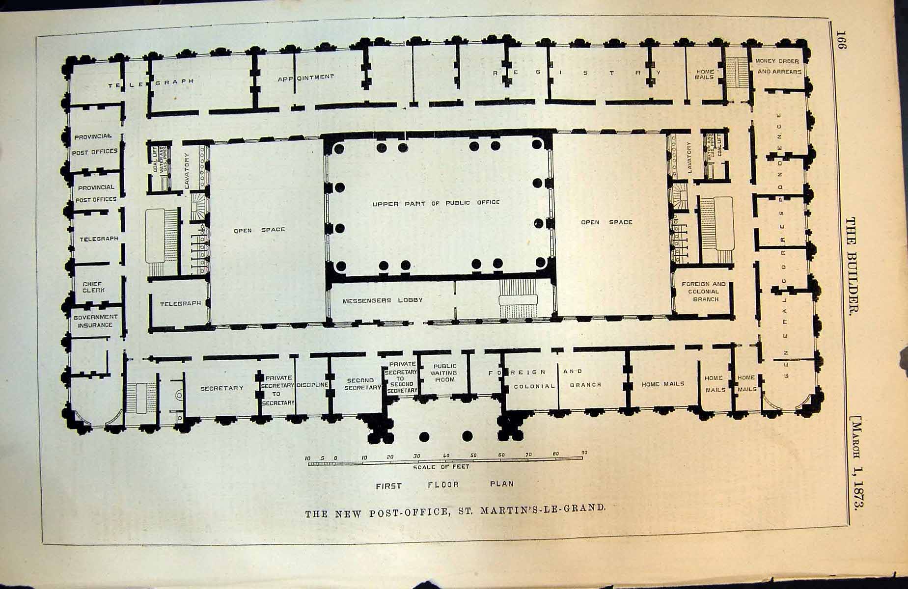Antique Print Post Office St Martin'S-Le-Grand London First Floor Plan 1873