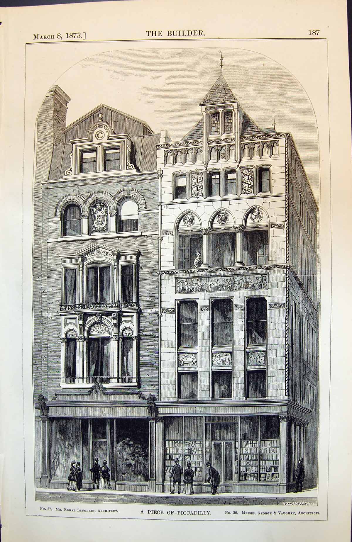 Old Print Piece Piccadilly Corner Bookshop George Vaughan Architects 1873 19th