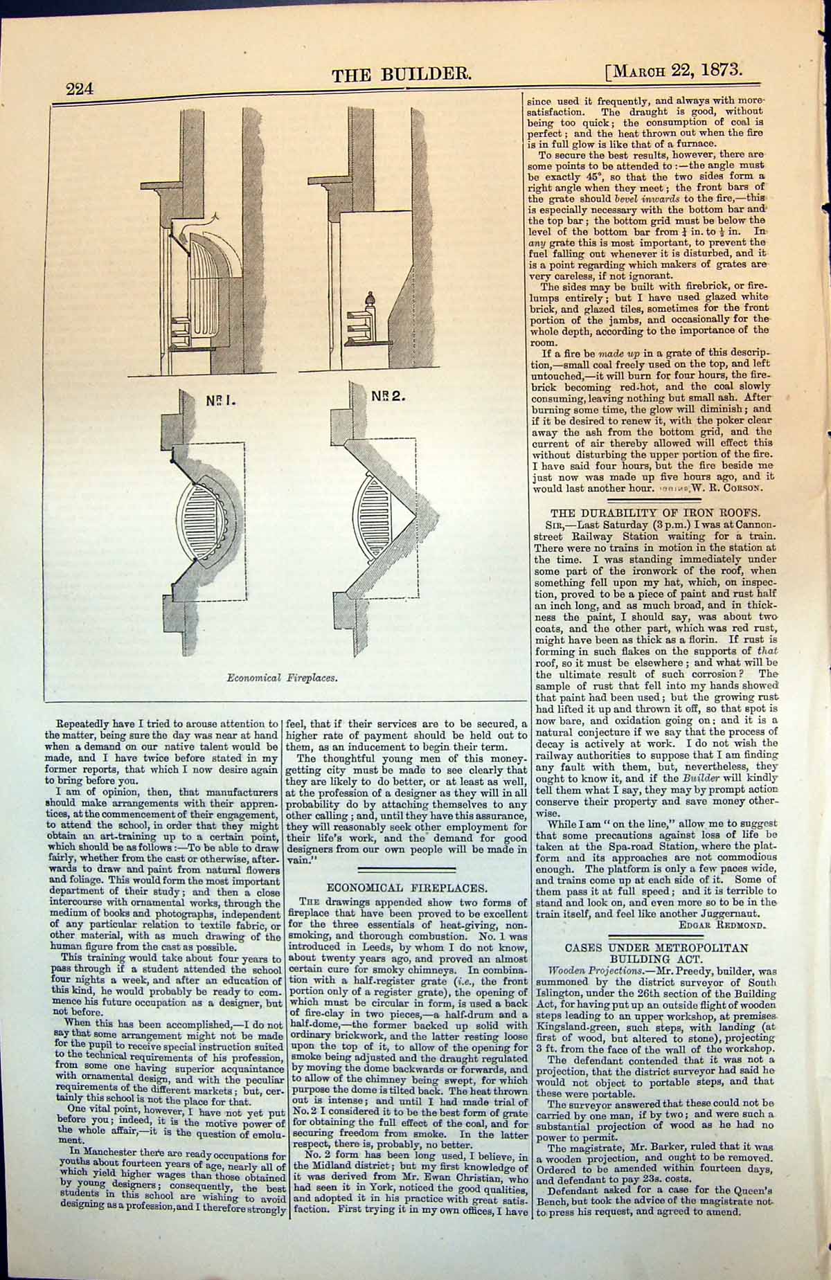 Antique Old Print Economical Fireplaces Sections Plans Less Smoke Grates 1873