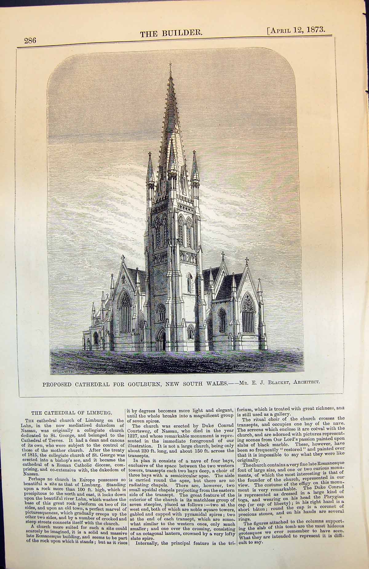 Antique Old Print Proposed Cathedral Goulburn New South Wales Ej Blacket 1873