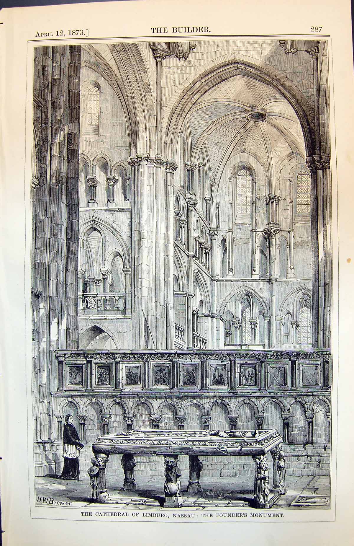 Old Print Cathedral Limburg Nassau Founders Monument Arches Columns 1873 19th