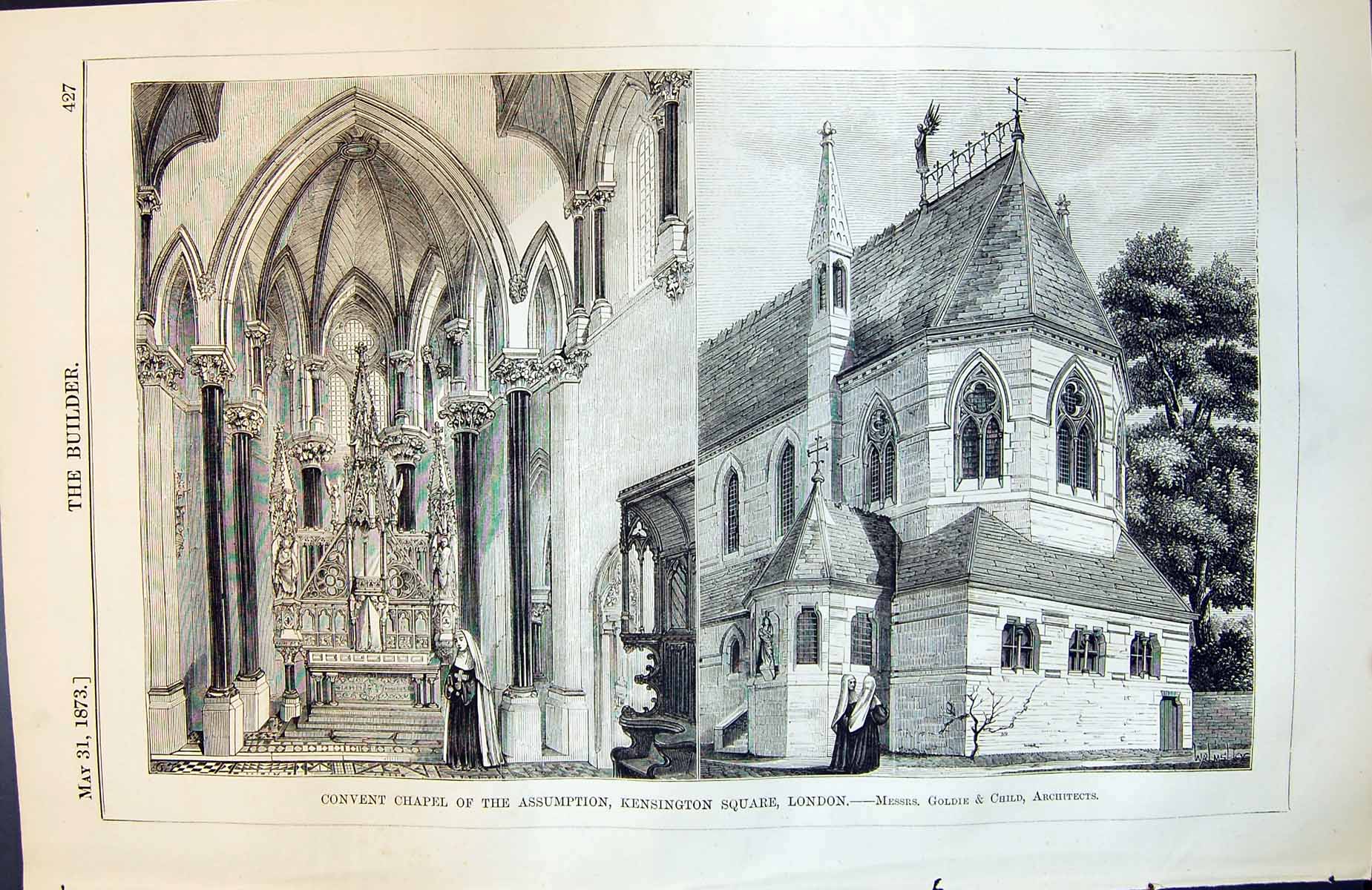Antique Print Convent Chapel Assumption Kensington Square London Child 1873
