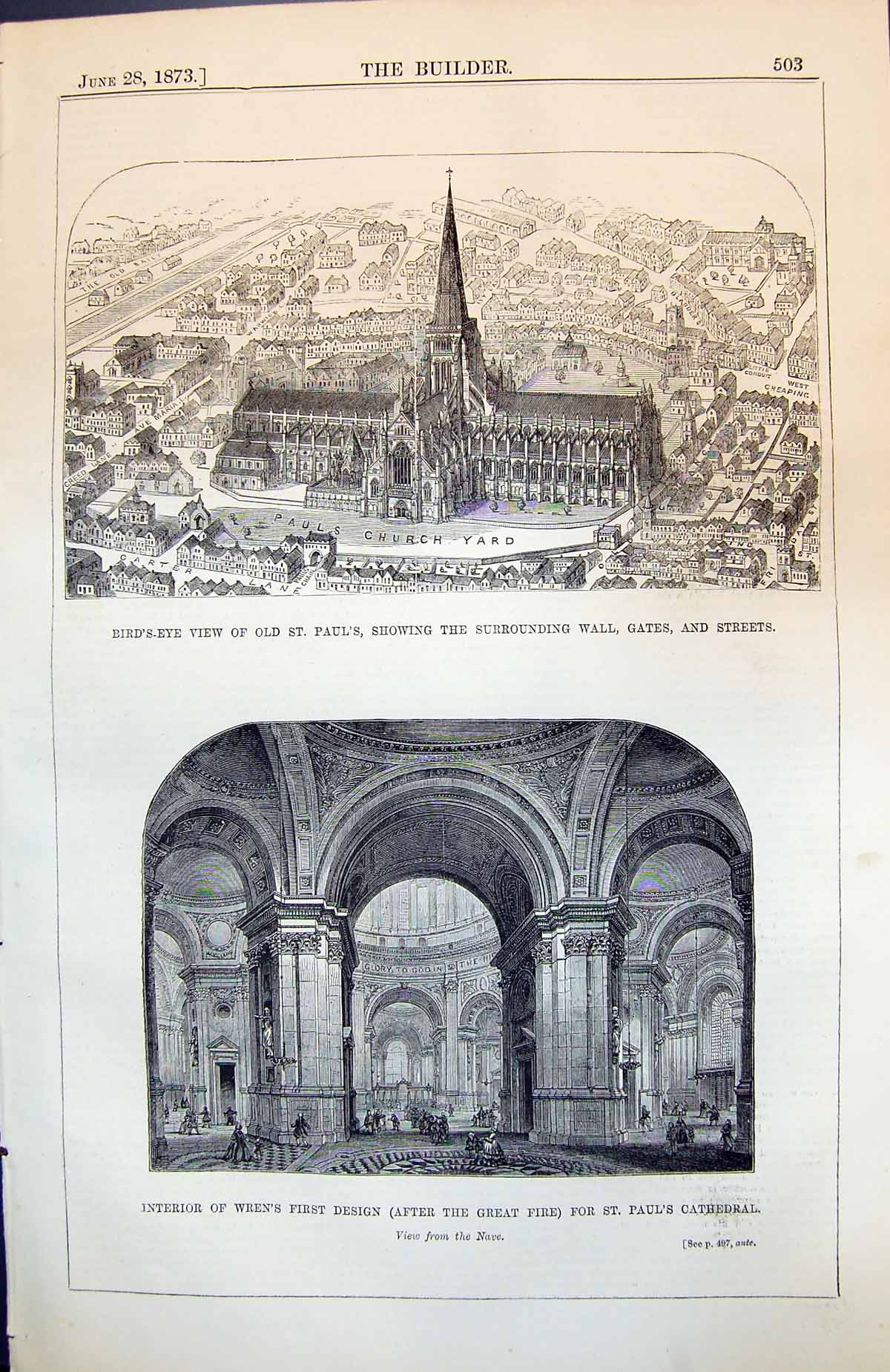 Antique Old Print Bird'S Eye View St Paul'S Interior Wren'S First Design 1873