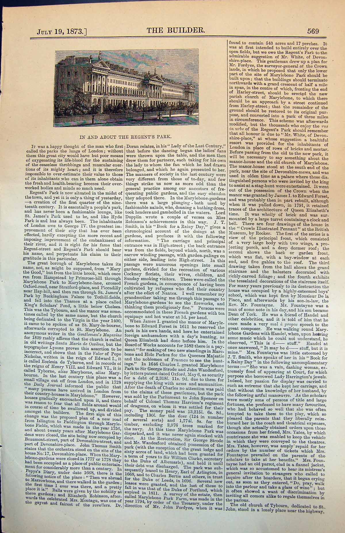 Old Print In About Regent'S Park Buildings Railings Trees Lamp Posts 1873 19th