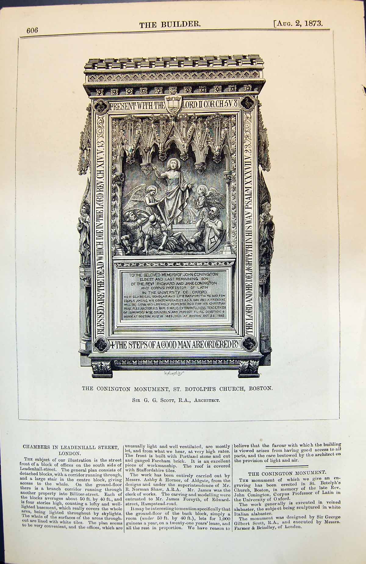 Antique Old Print Conington Monument St Botolh'S Church Boston Gg Scott 1873
