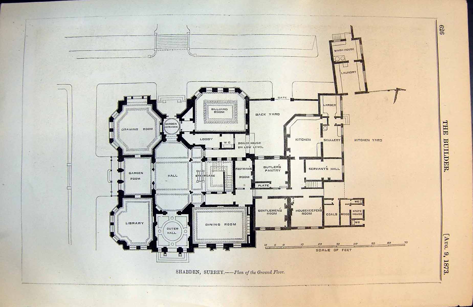 Antique Print Shabden Surrey Plan Ground Floor Drawing Billiard Rooms 1873 19th