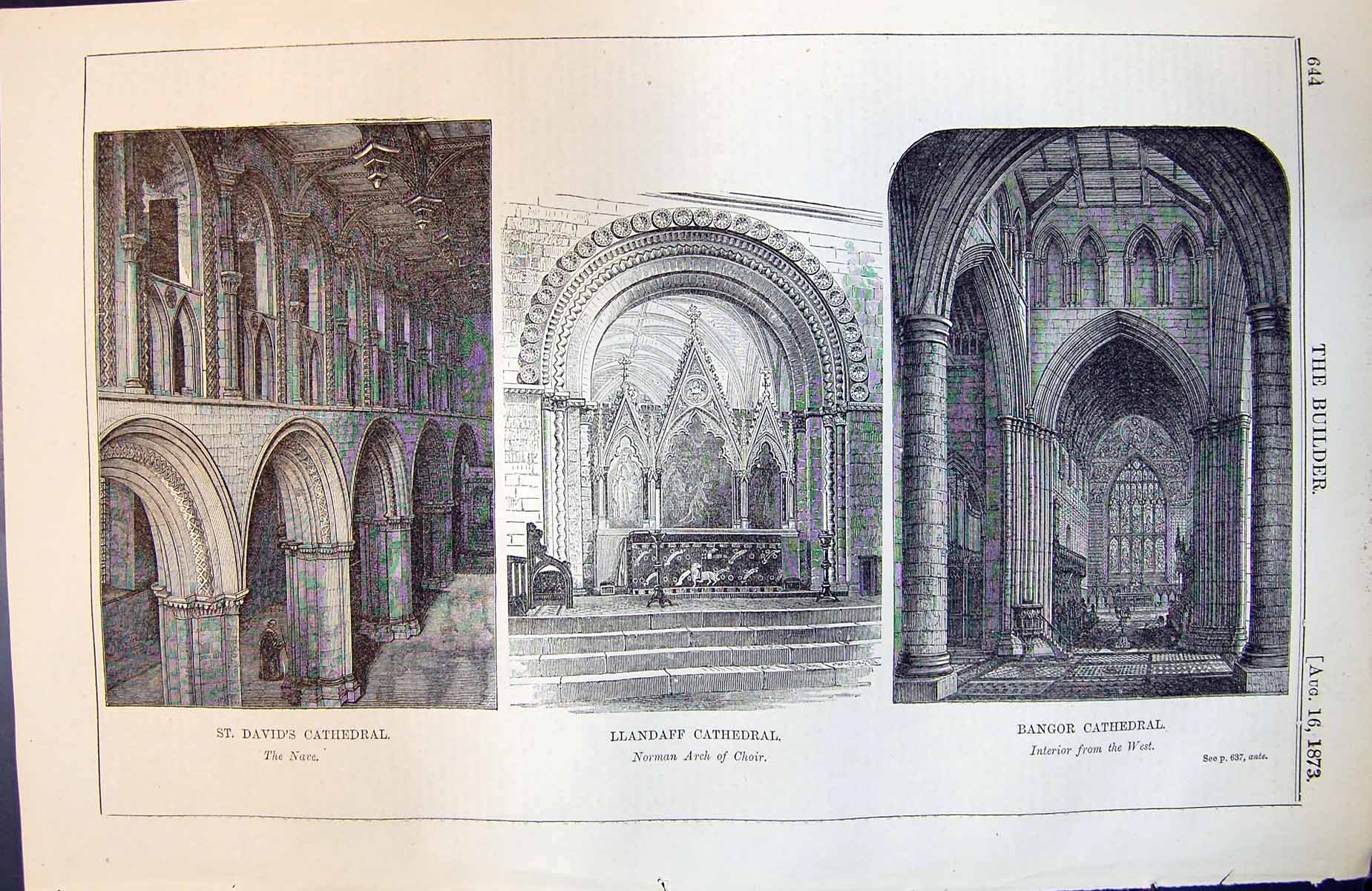 Old Print St David'S Cathedral Nave Llandaff Choir Boangor Interior 1873 19th