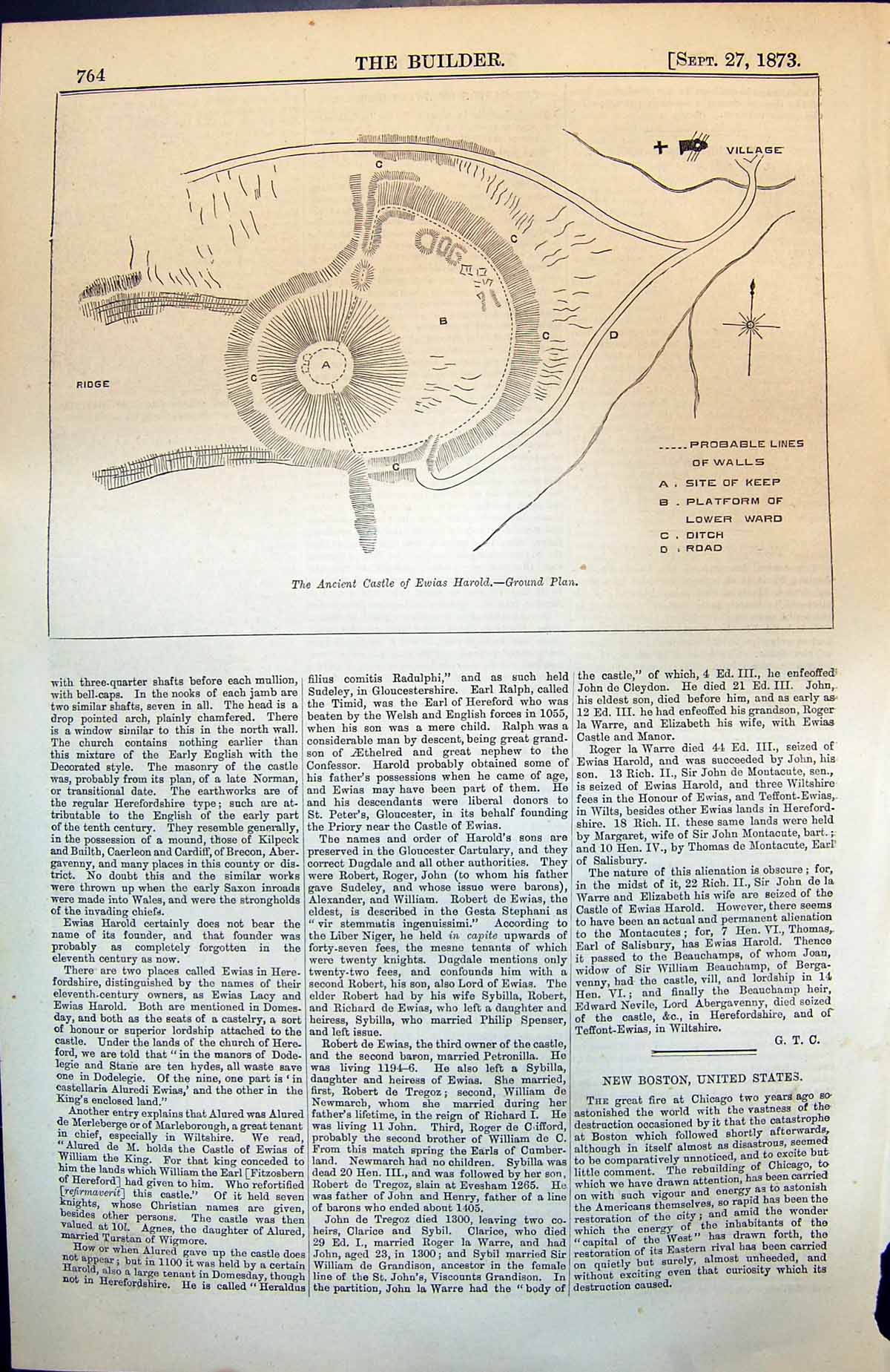 Old Antique Print Ancient Castle Ewias HarGround Plan Keep Platform 1873 19th