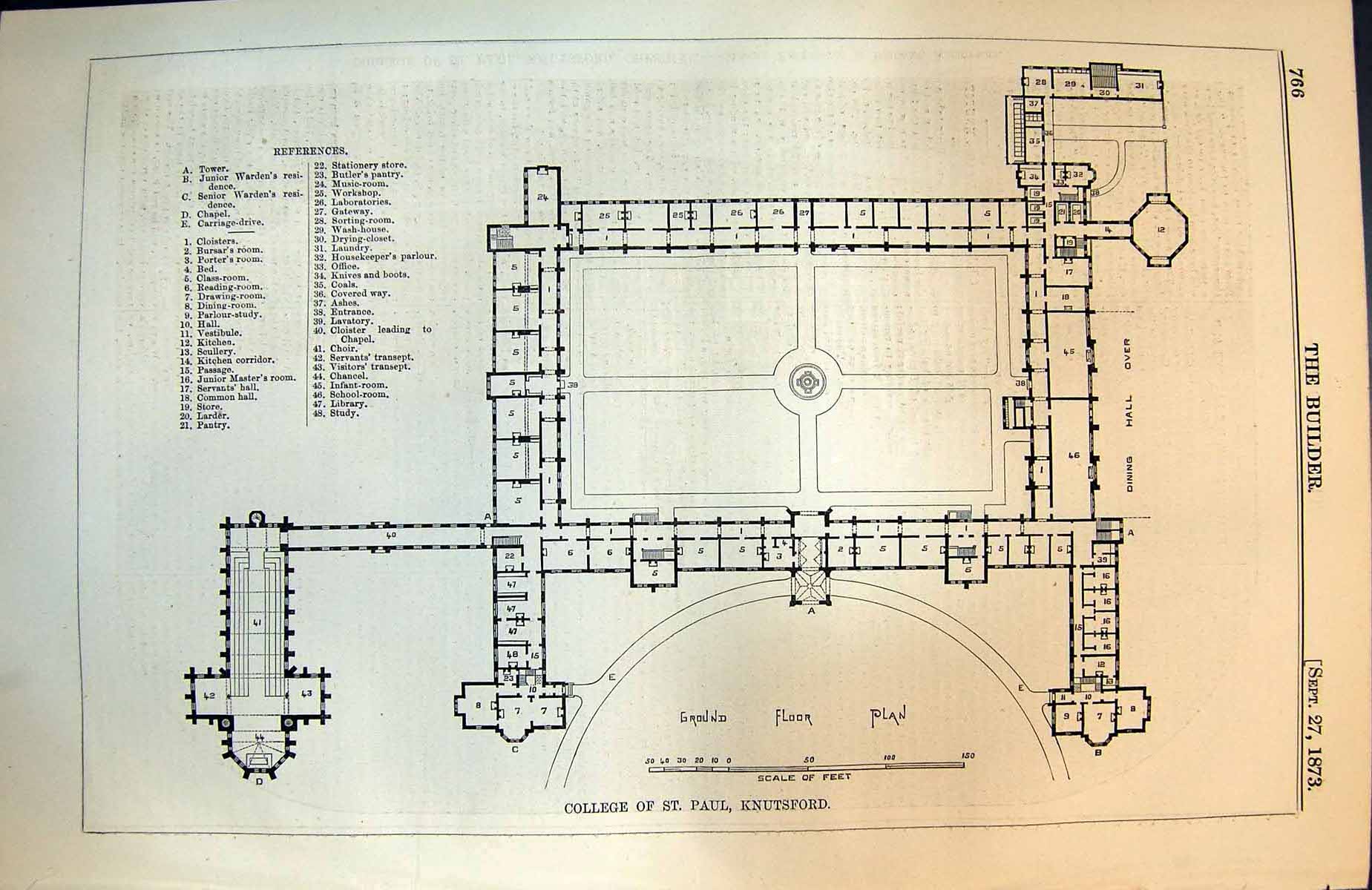 Antique Old Print College St Paul Knutsford Cheshire Ground Floor Plan 1873