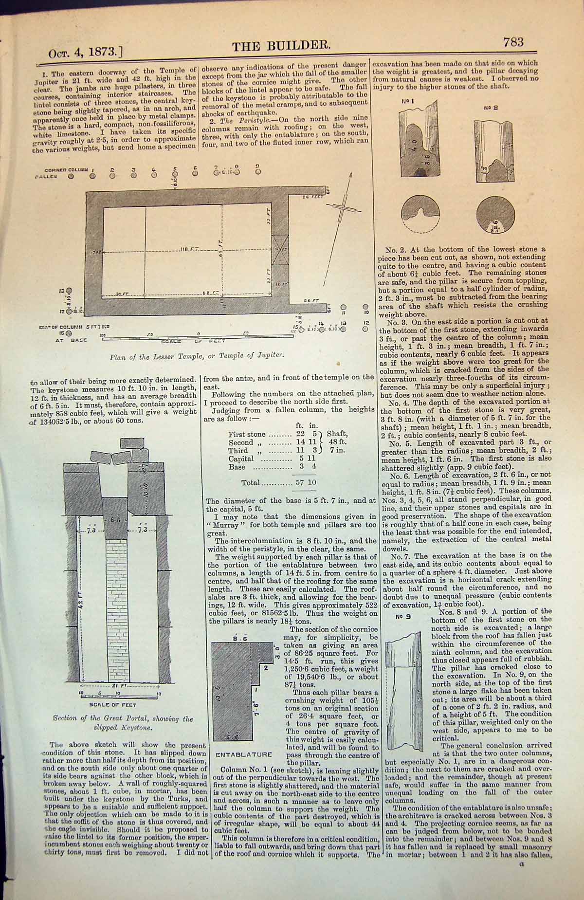 Antique Old Print Plan Lesser Temple Jupiter Great Portal Entablature 1873 19th