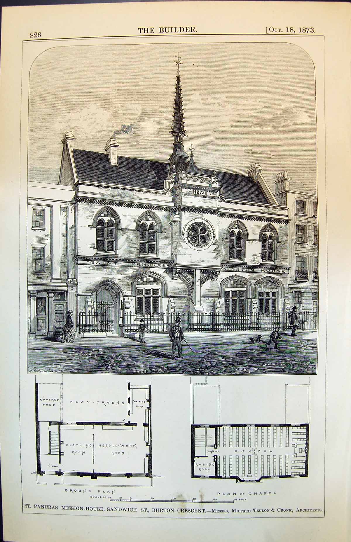 Antique Old Print St Pancras Mission House Sandwich St Burton Crescent 1873