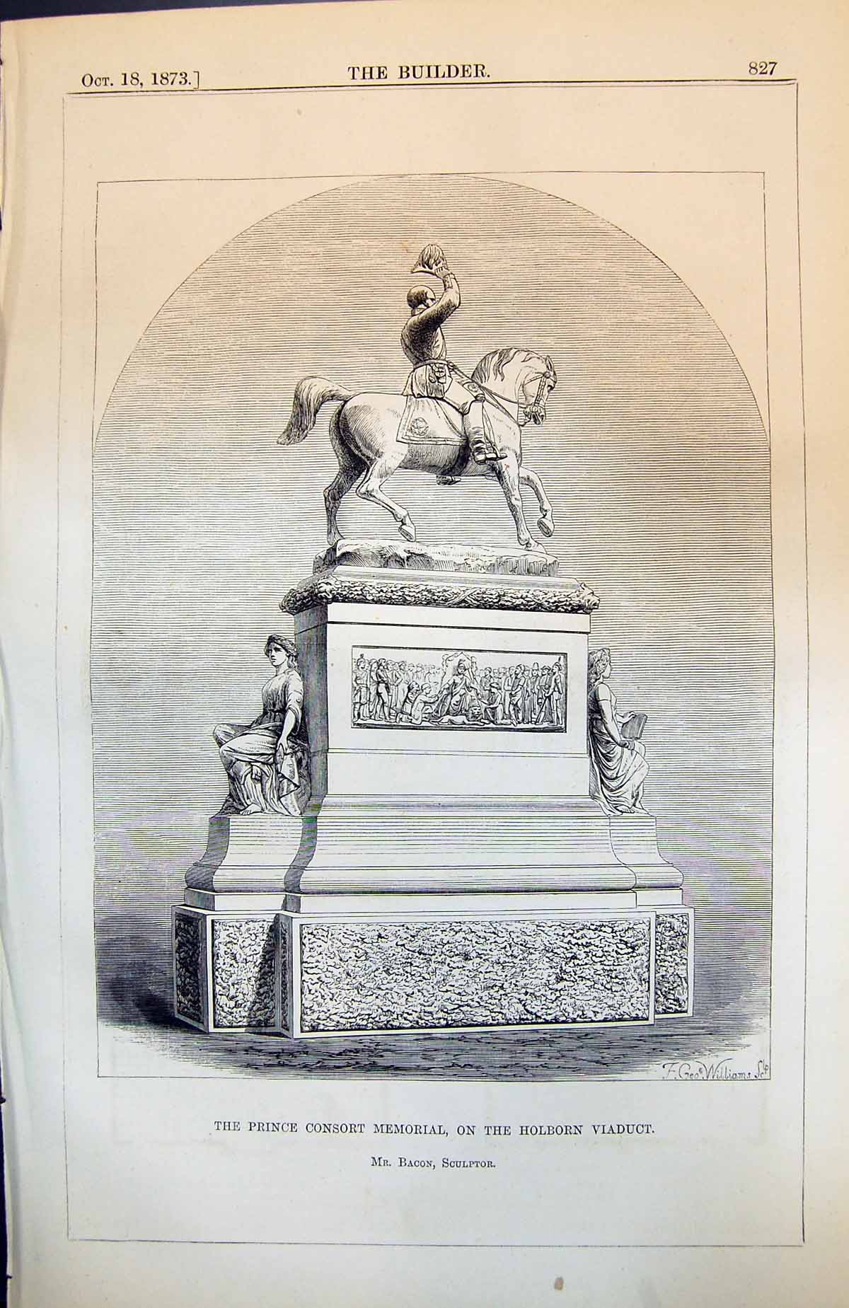 Antique Old Print Prince Consort Memorial Holburn Viaduct London Bacon 1873