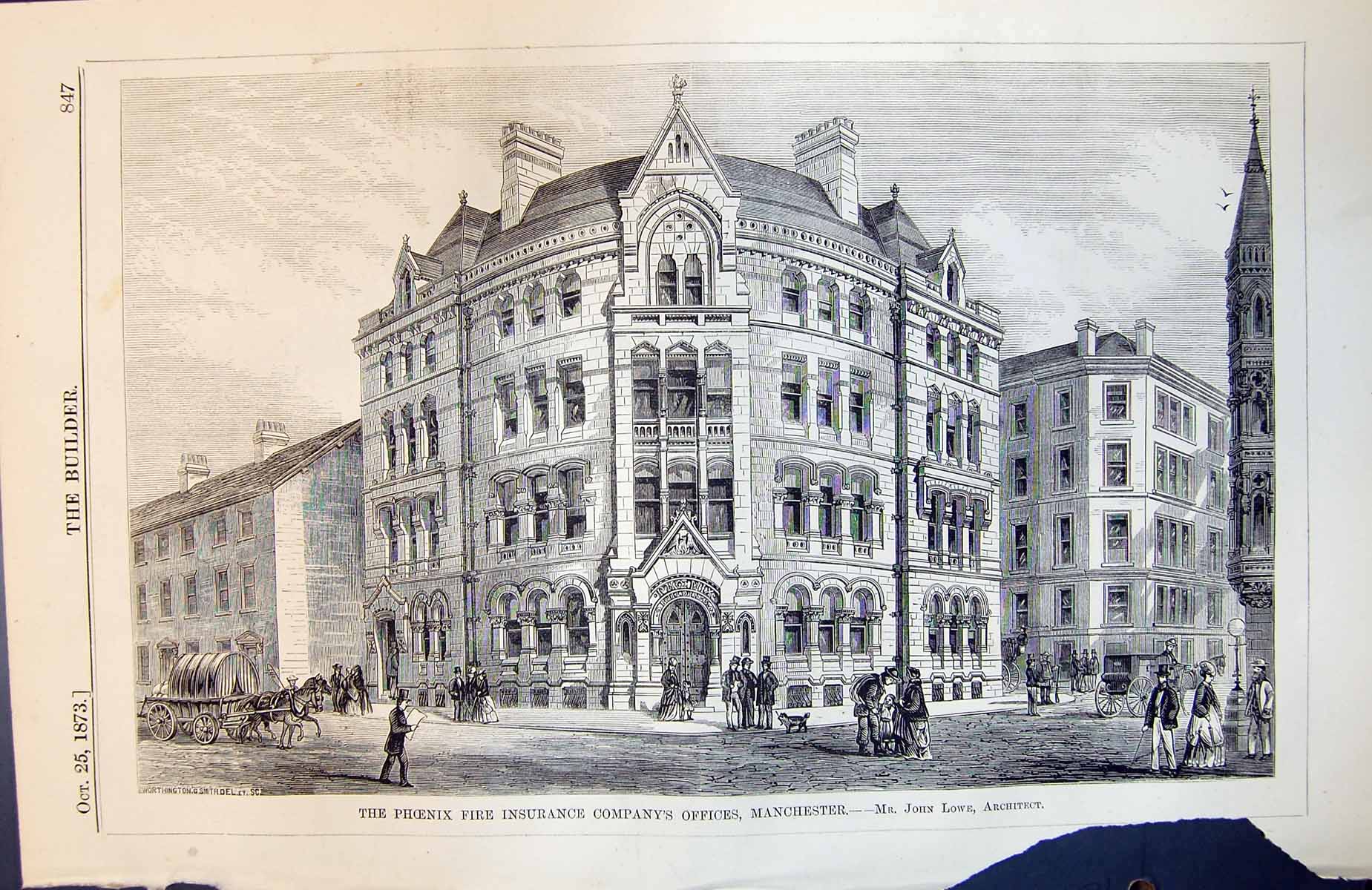 Old Print Phoenix Fire Insurance Company Offices Manchester Exterior 1873 19th