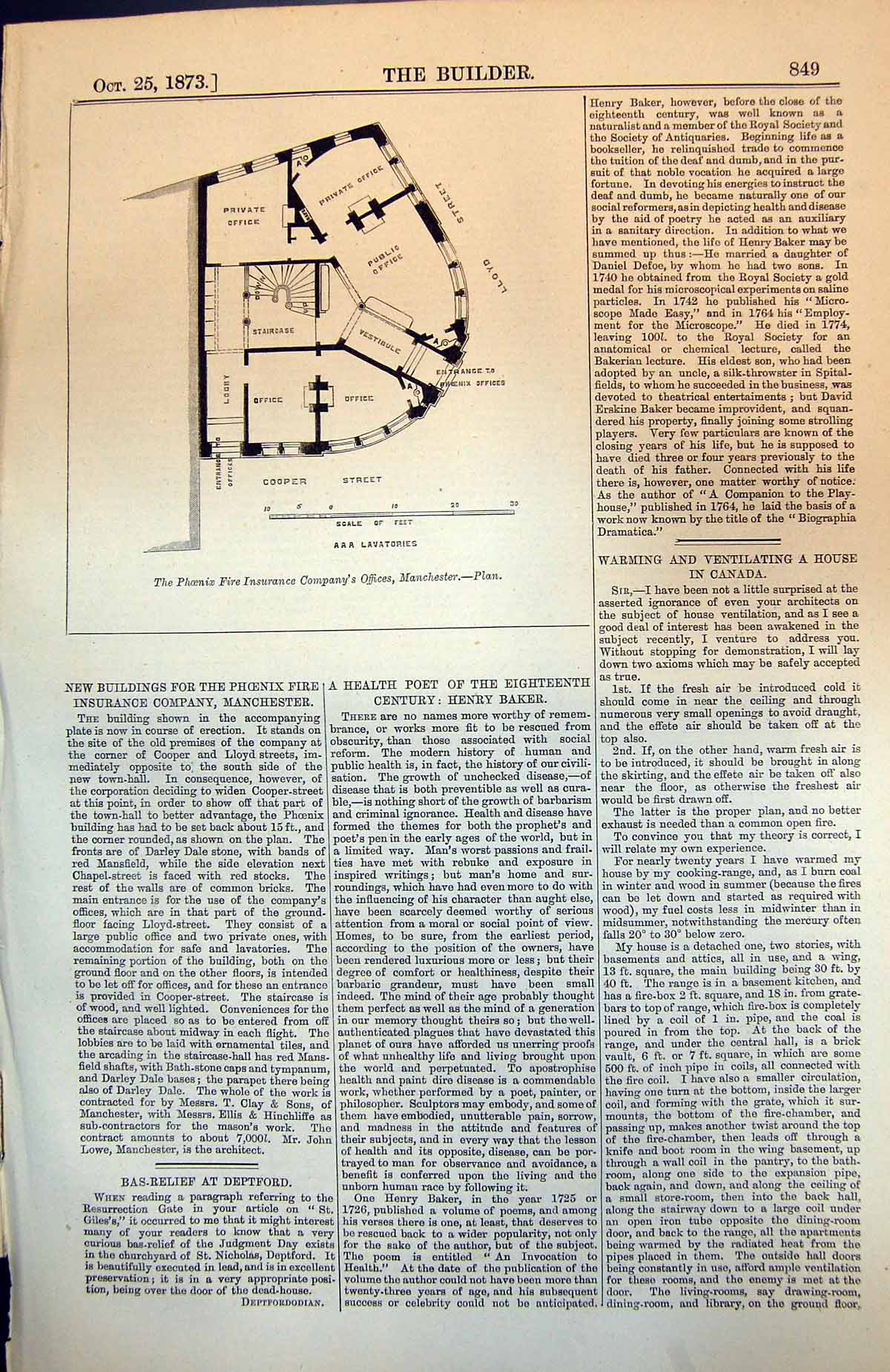 Antique Old Print Phoenix Fire Insurance Company Offices Manchester Plan 1873