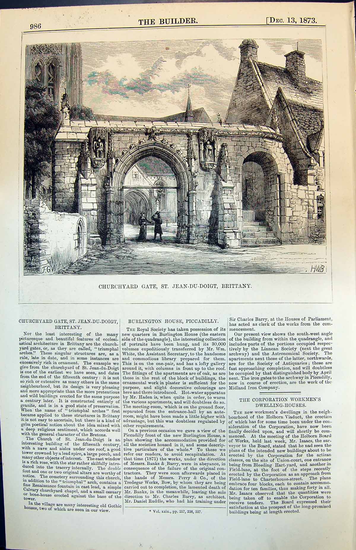 Antique Old Print Churchyard Gate St Jean-Du-Doigt Brittany Hwb Archway 1873