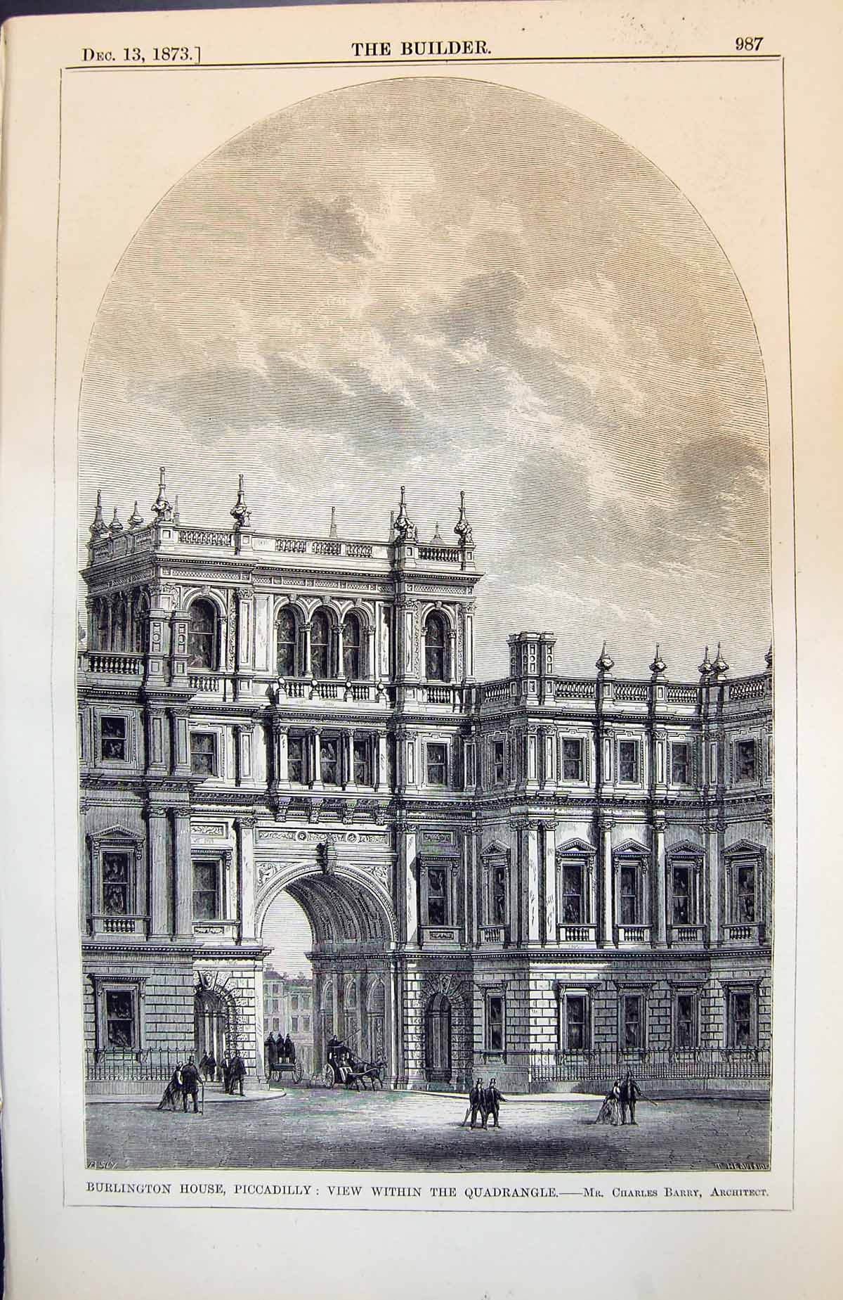 Old Print Burlington House Piccadilly View Within Quadrangle C Barry 1873 19th