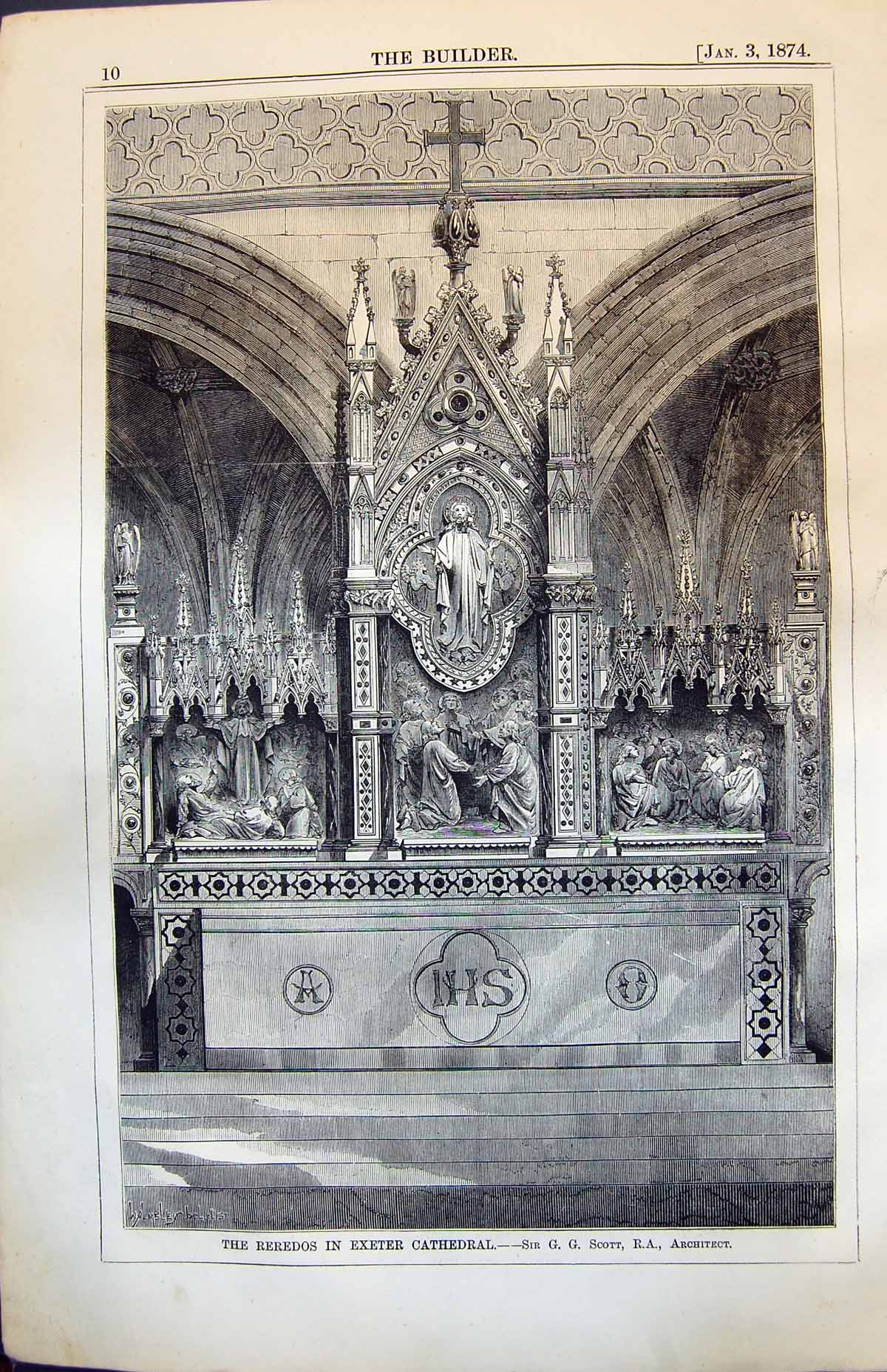 Old Antique Print Reredos Exeter Cathedral Sir G G Scott Architect 1874 19th