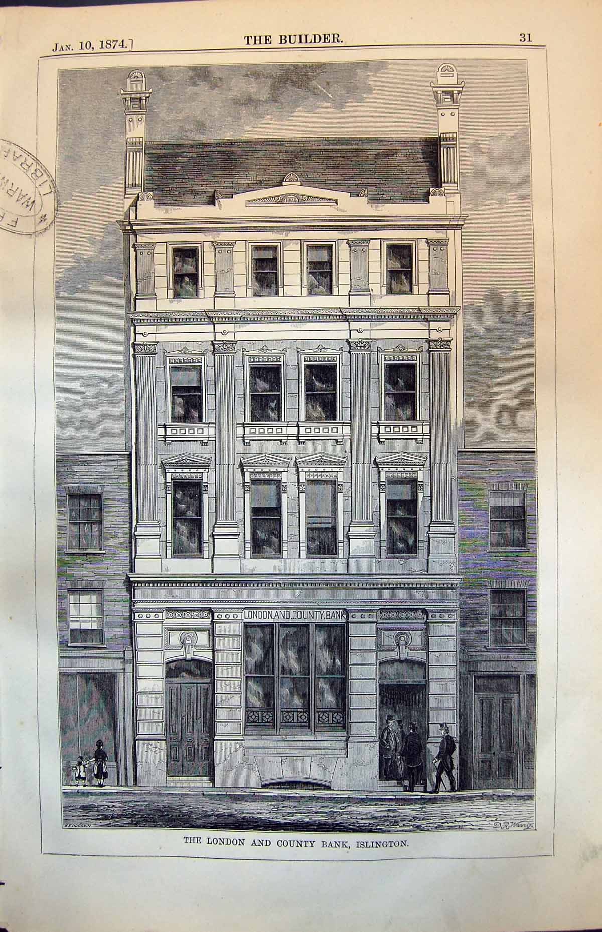 Original Old Antique Print London County Bank Islington Exterior 1874 Victorian