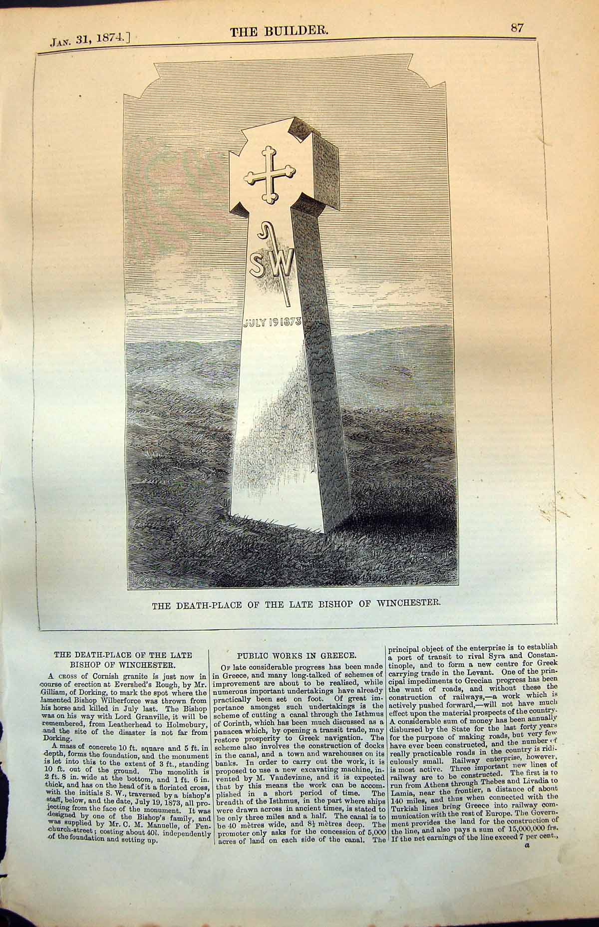Antique Print Death Place Late Bishop Winchester Cross Cornish Granite 1874