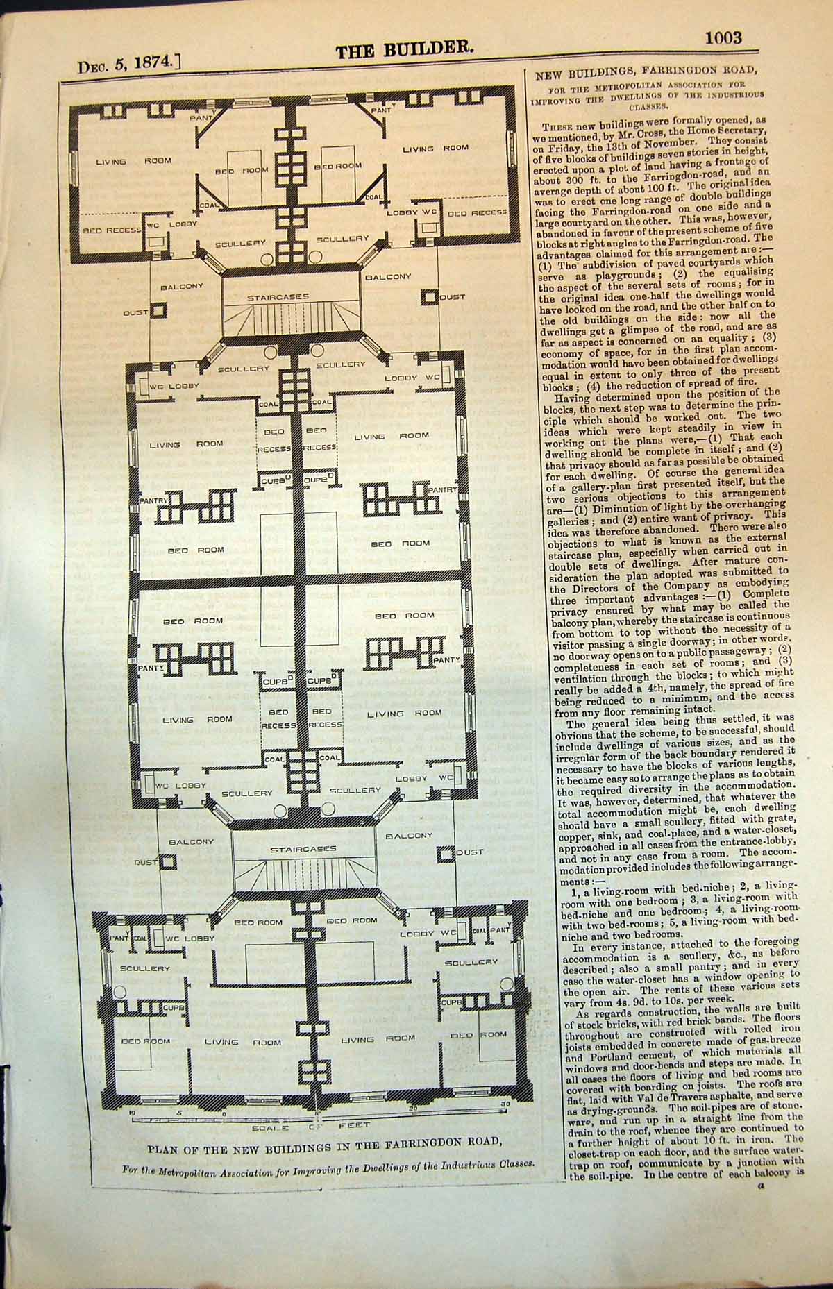 Antique Old Print Plan New Buildings Farringdon Road Metropolitan Assoc 1874