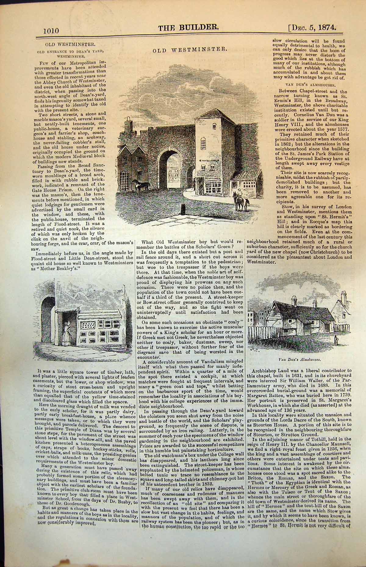 Antique Old Print Westminster Entrance Deans Yard Van Duns Almshouses 1874