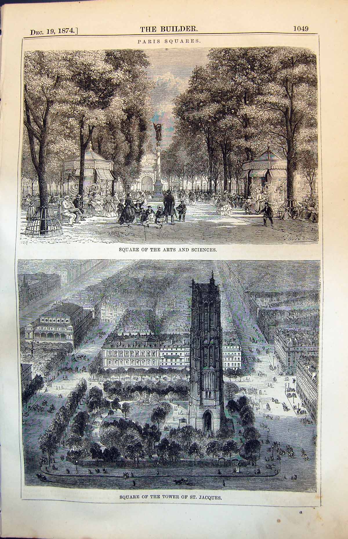Old Antique Print Paris Squares Arts And Science Tower St Jacques 1874 19th