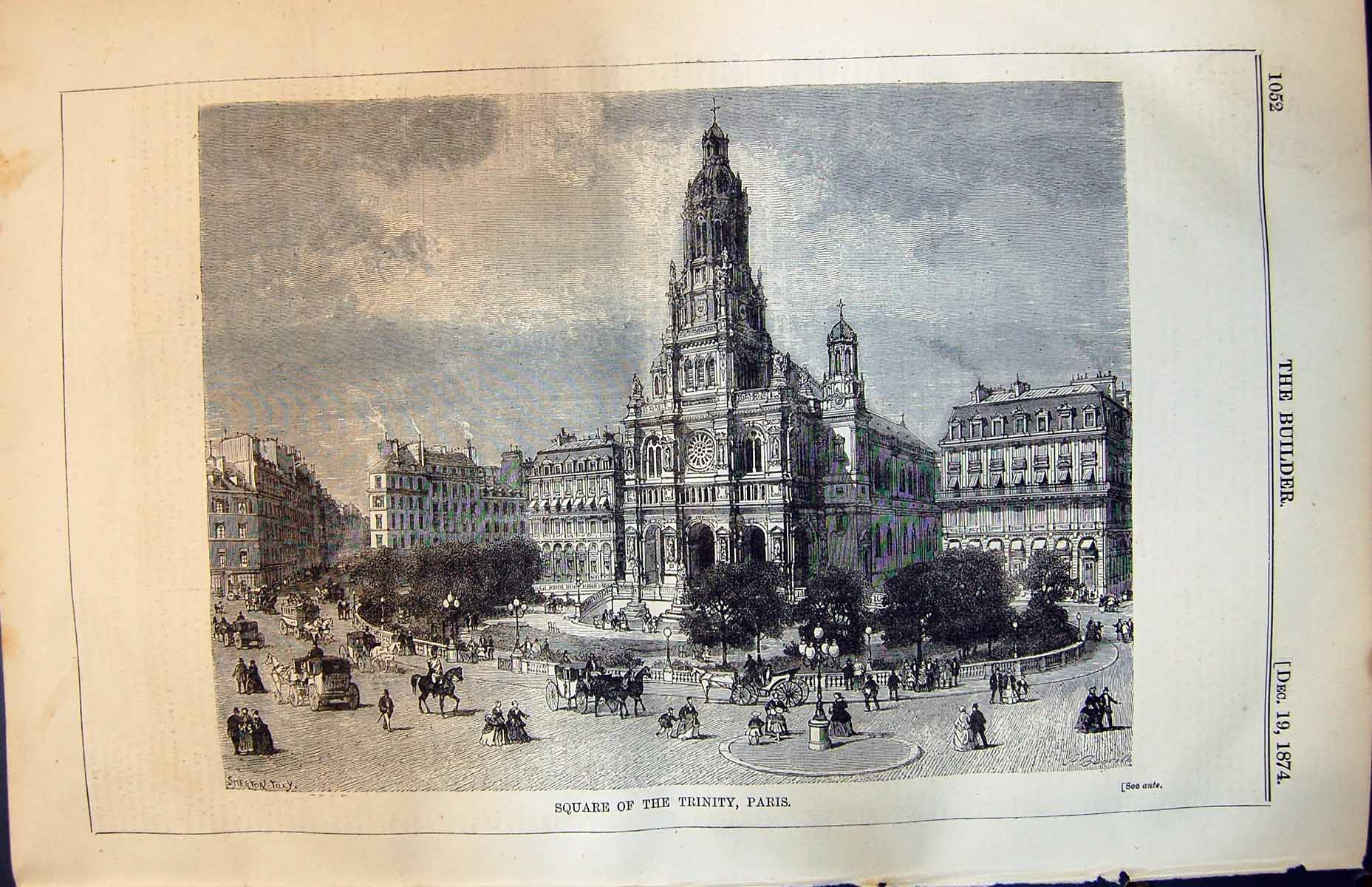 Old Antique Print Square Trinity Paris Passers Bye Horses Carriages 1874 19th