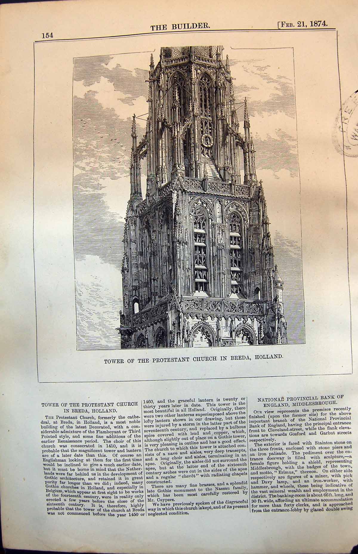Original Old Antique Print Tower Protestant Church Breda Holland 1874 Victorian