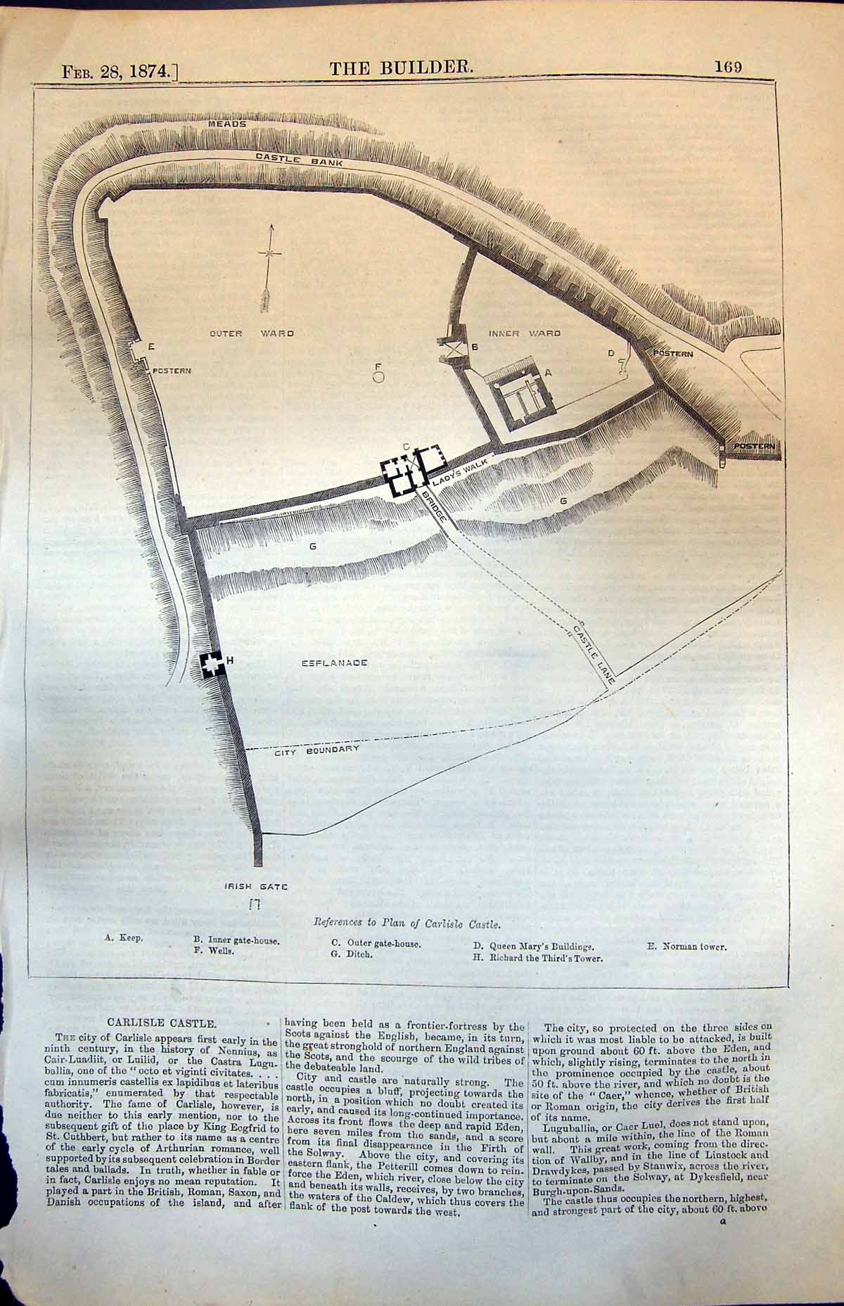 Antique Print Plan Carlisle Castle Gate House Norman Tower Richard 111 1874