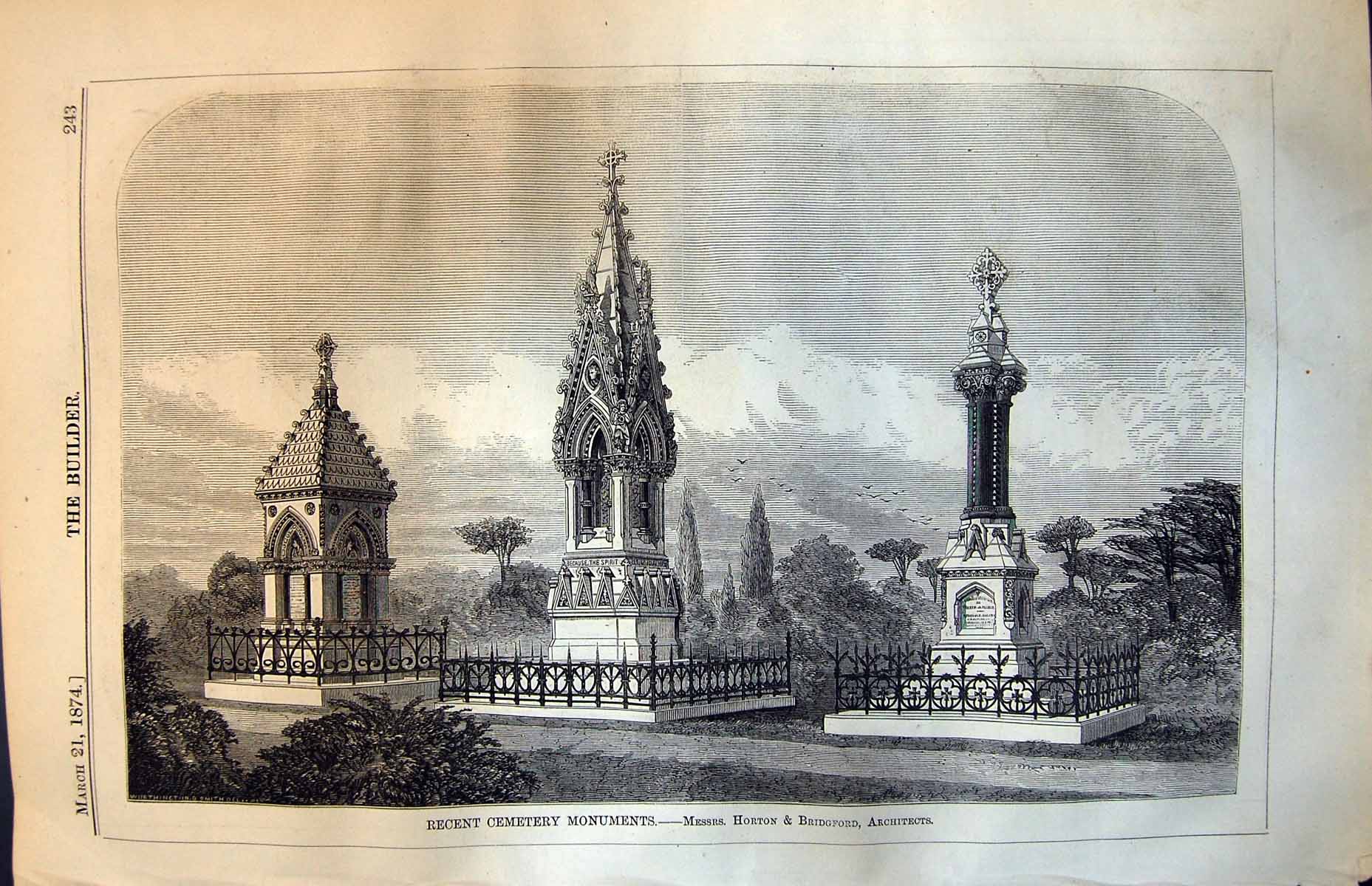 Antique Print Recent Cemetery Monuments Horton & Bridgford Architects 1874 19th